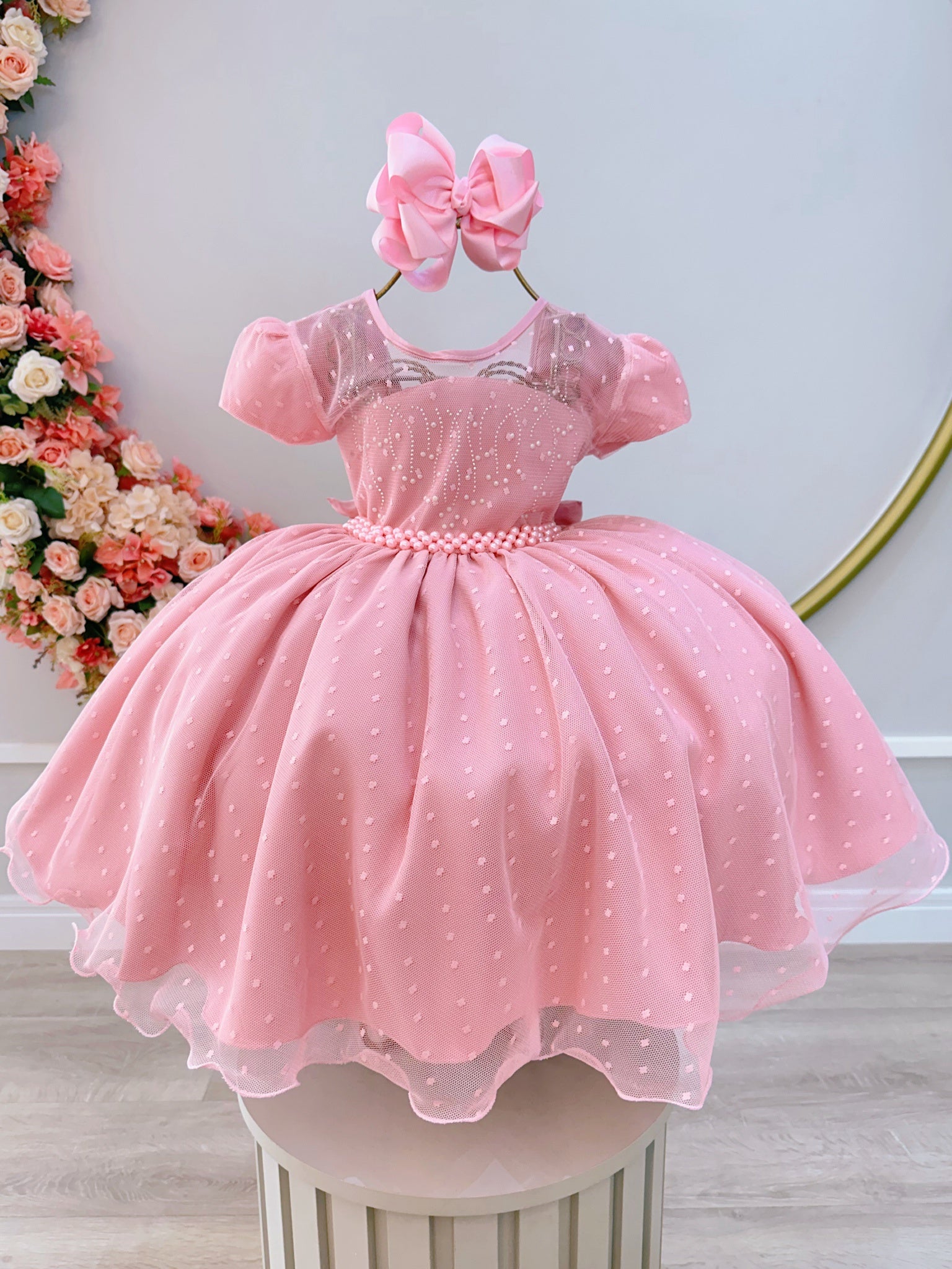 Vestido Infantil Rose C/ Tule Pipoquinha Luxo C/ Pérolas