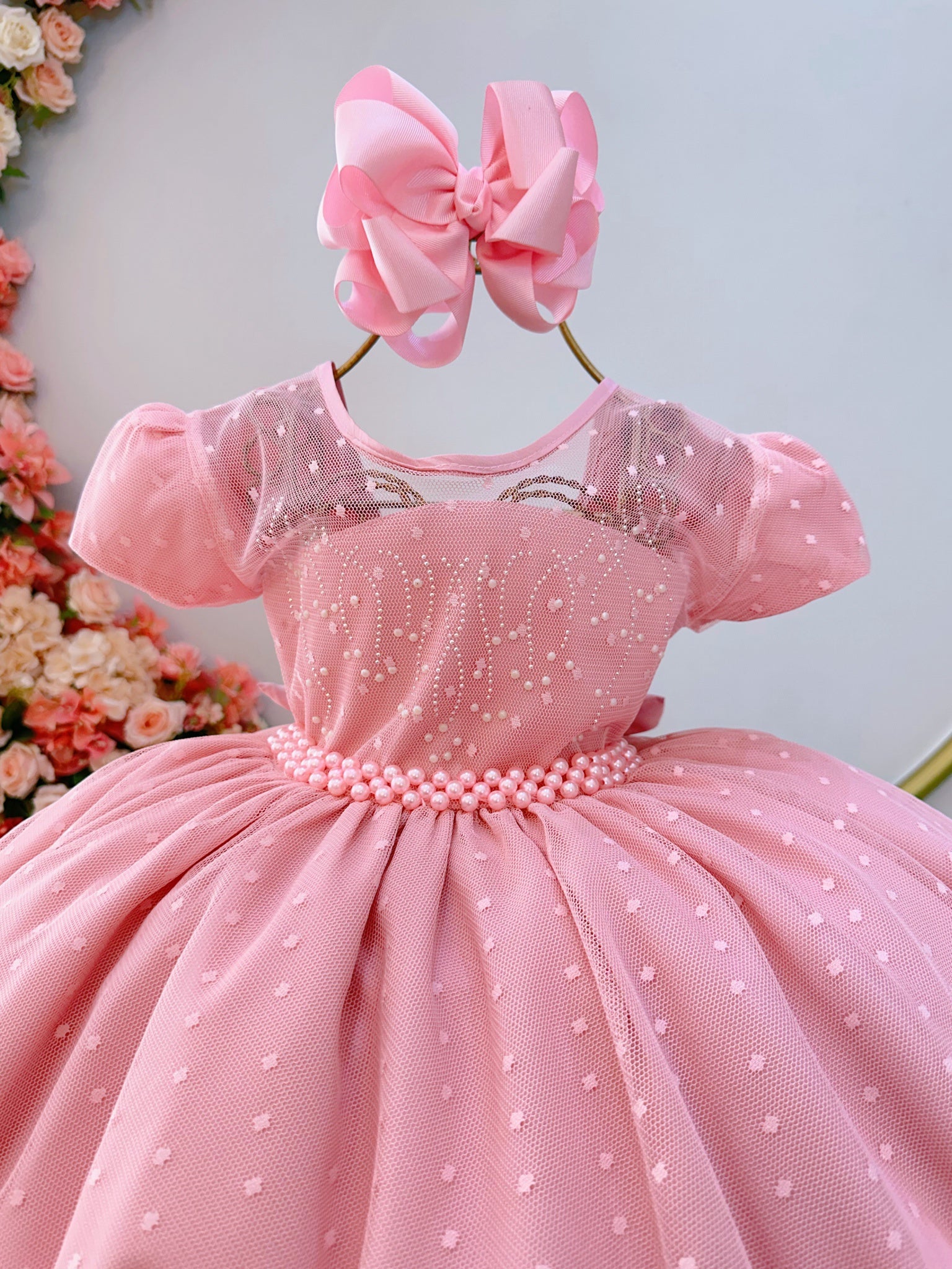 Vestido Infantil Rose C/ Tule Pipoquinha Luxo C/ Pérolas
