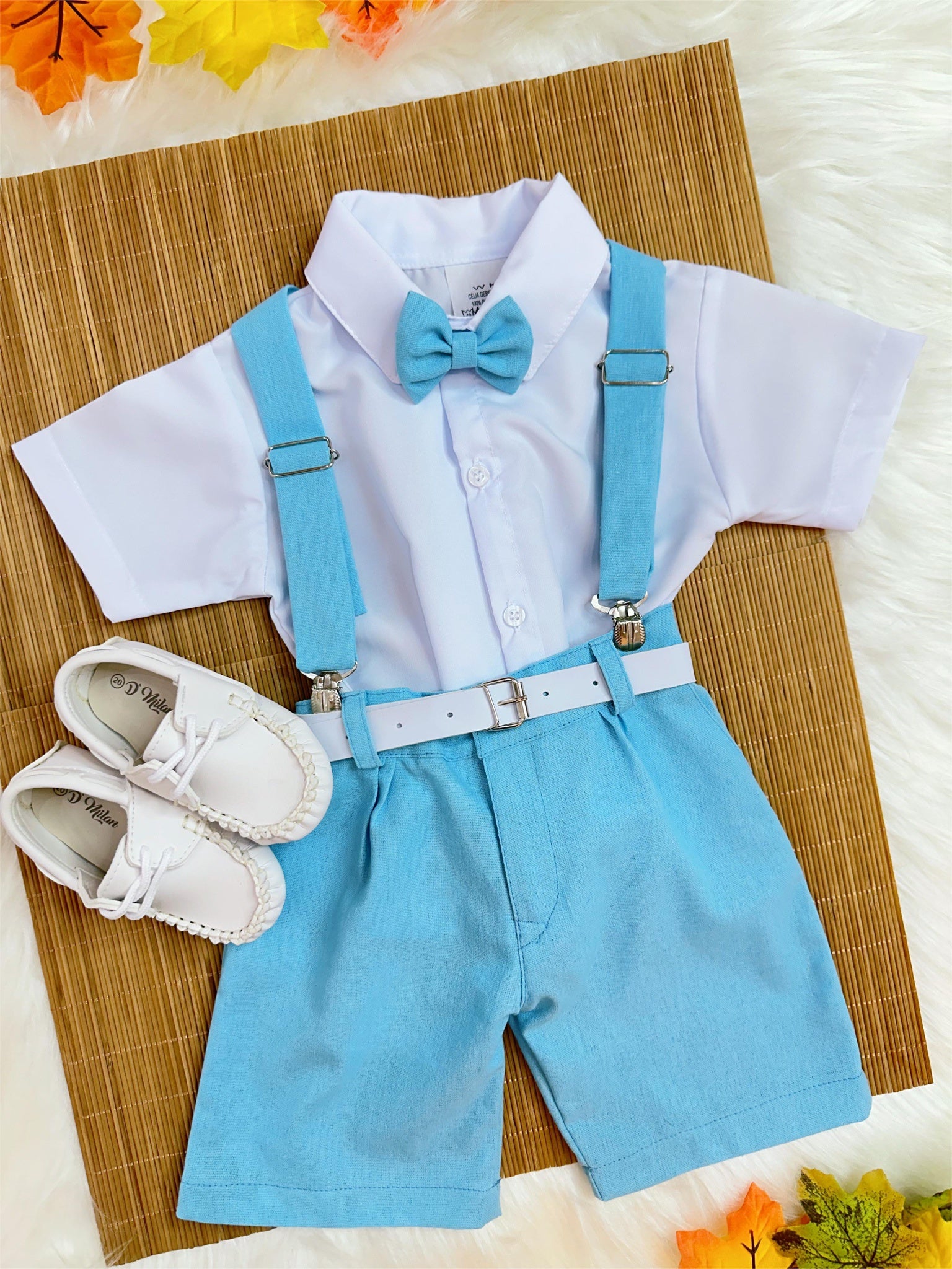 Conjunto Infantil Camisa Branca C/ Short Susp. e Gravata Azul (0060BZ)