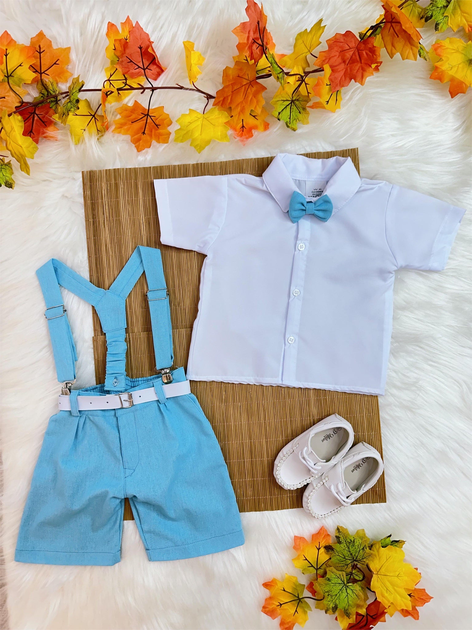 Conjunto Infantil Camisa Branca C/ Short Susp. e Gravata Azul (0060BZ)