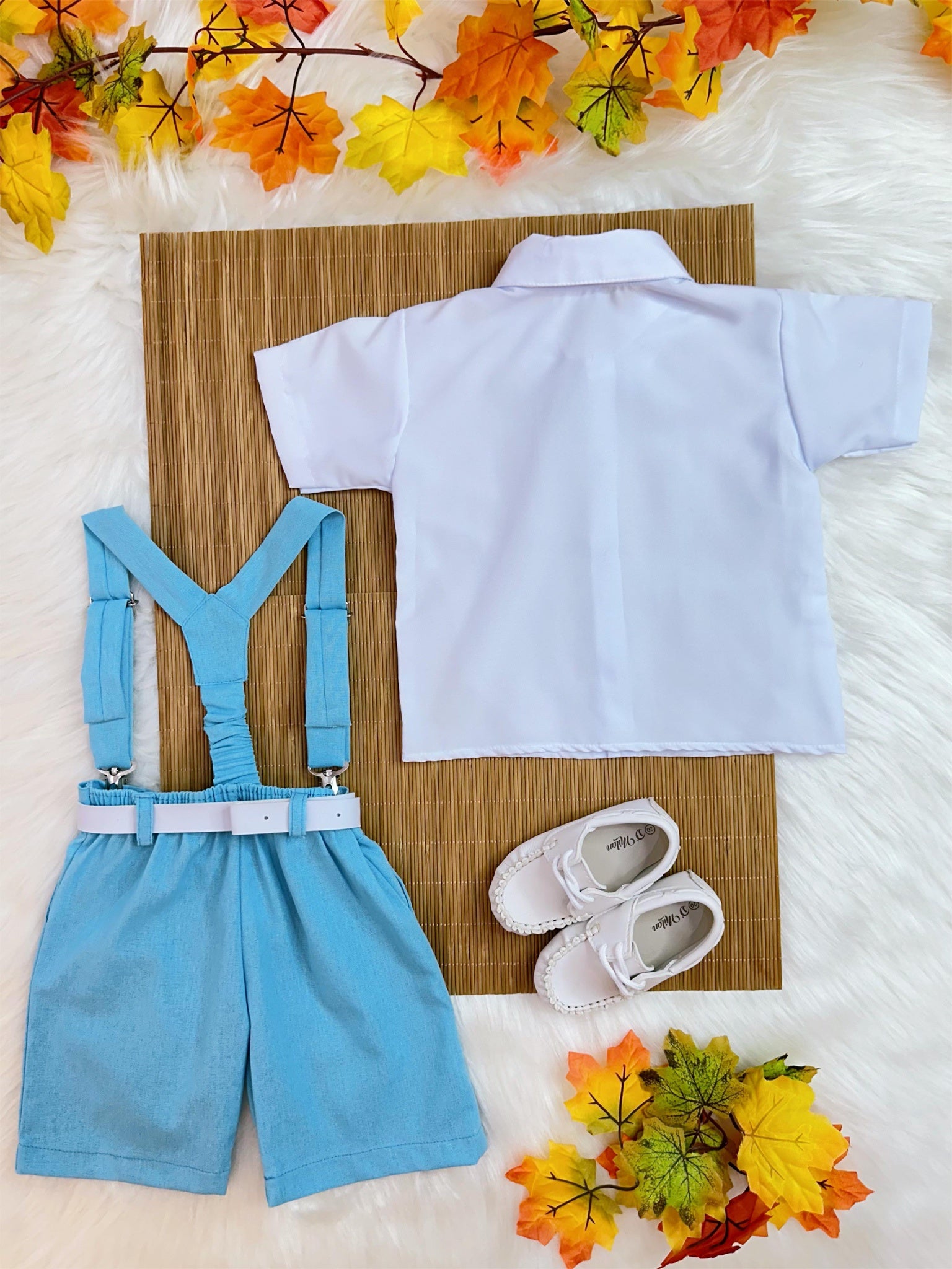 Conjunto Infantil Camisa Branca C/ Short Susp. e Gravata Azul (0060BZ)