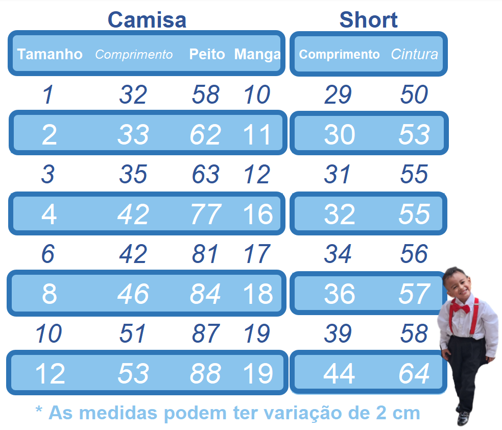 Conjunto Infantil Camisa Branca C/ Short Susp. e Gravata Azul (0060BZ)