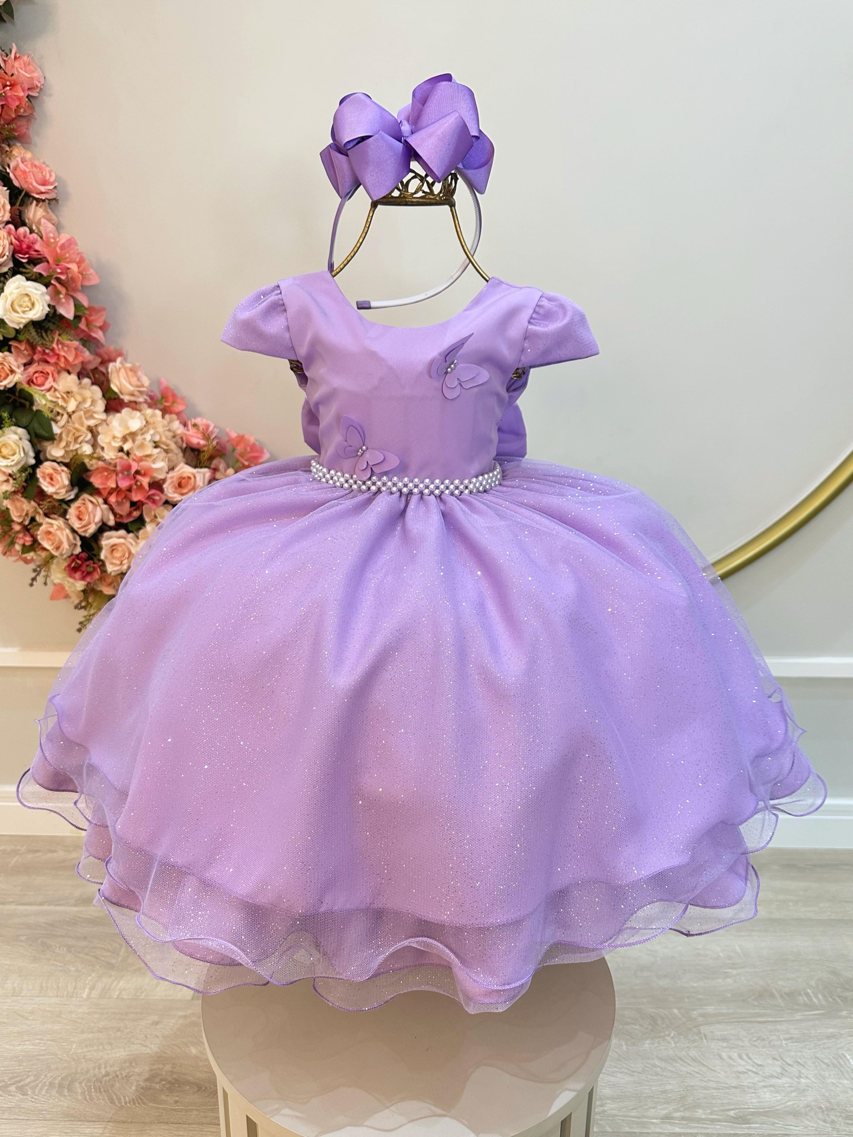 Vestido Infantil Lilás C/ Apliques Borboletas Glitter Festas (5066LL)