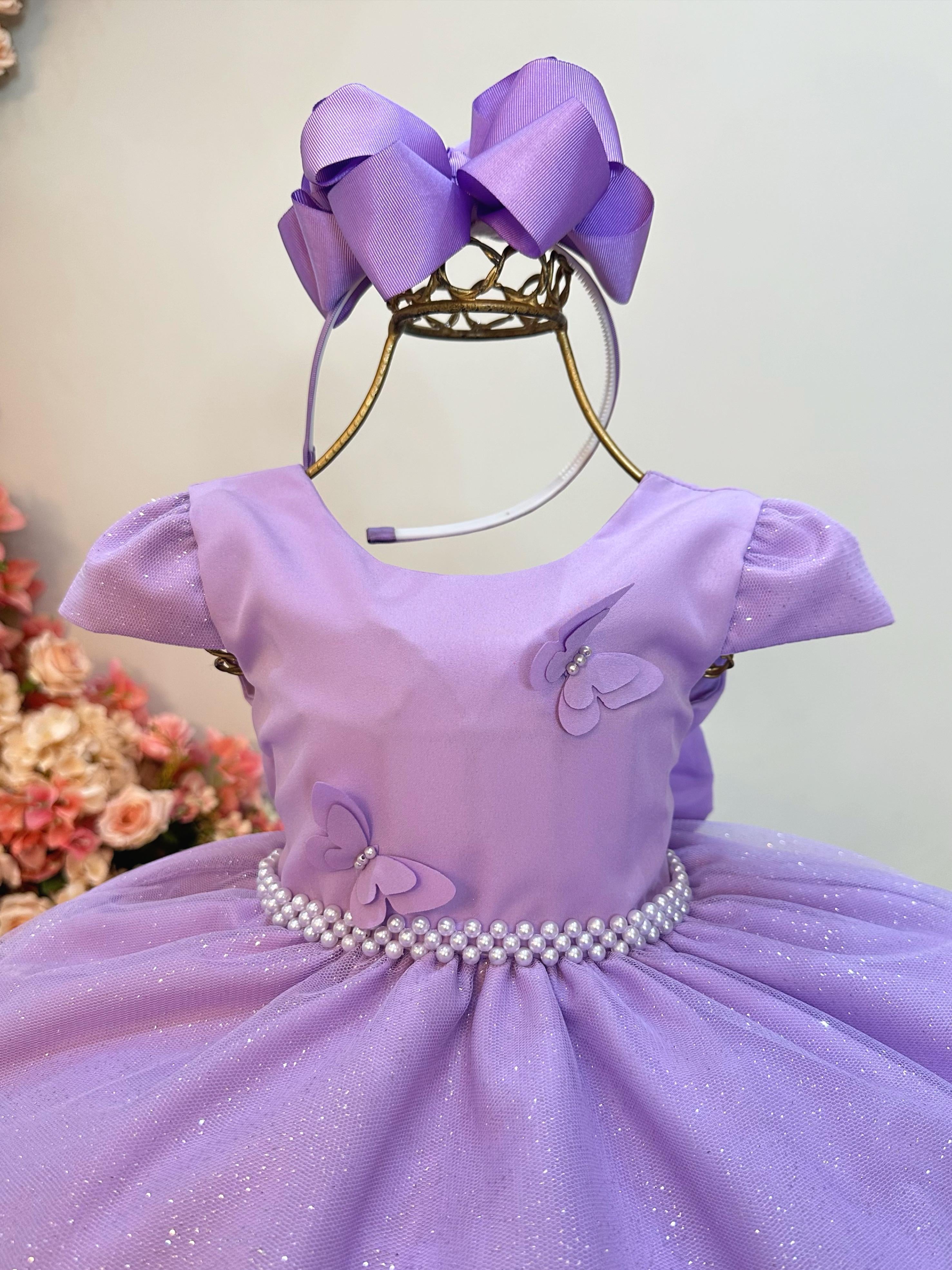 Vestido Infantil Lilás C/ Apliques Borboletas Glitter Festas (5066LL)