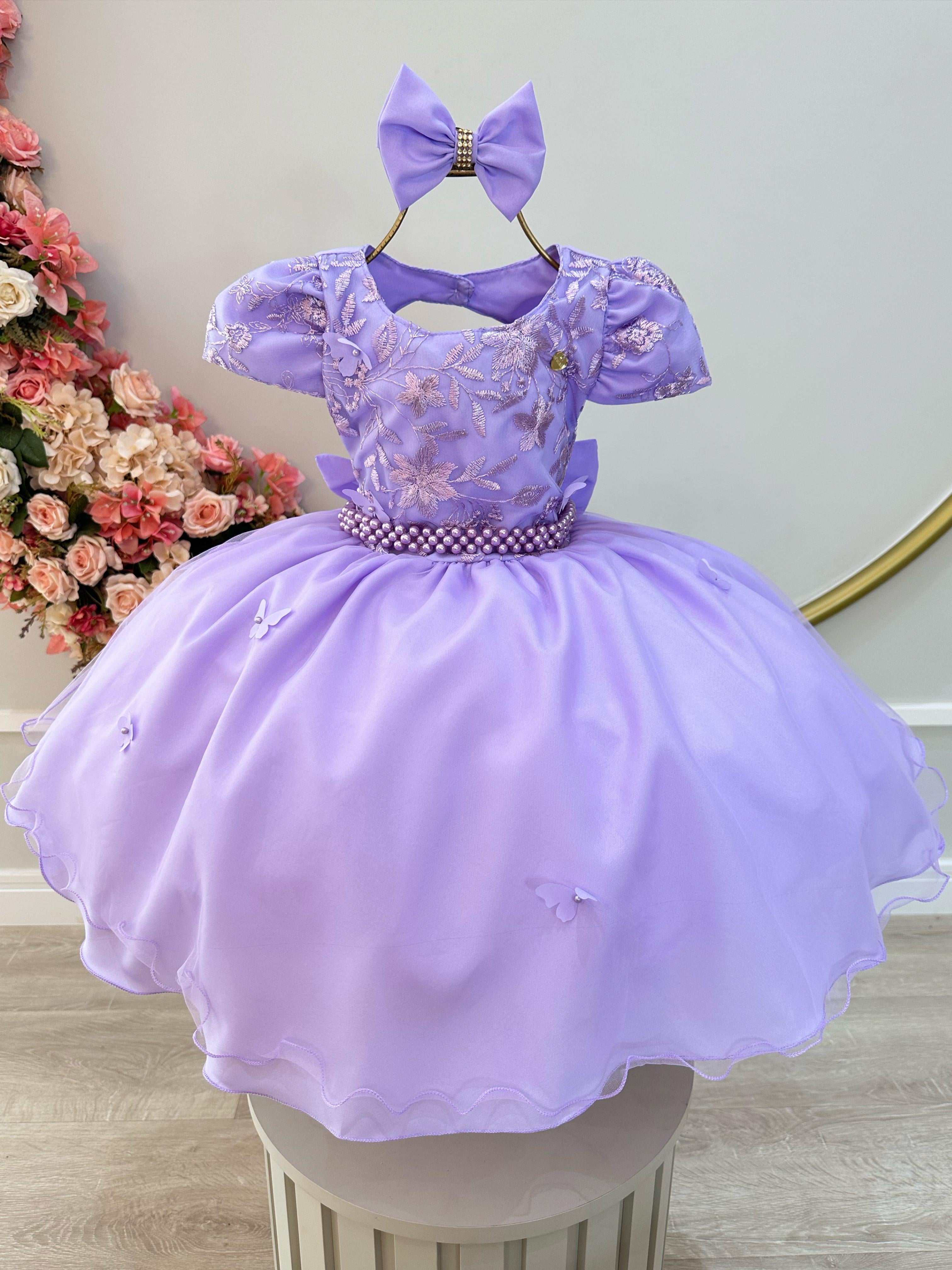 Vestido Infantil Lilás Busto C/ Renda Laço Daminhas Luxo