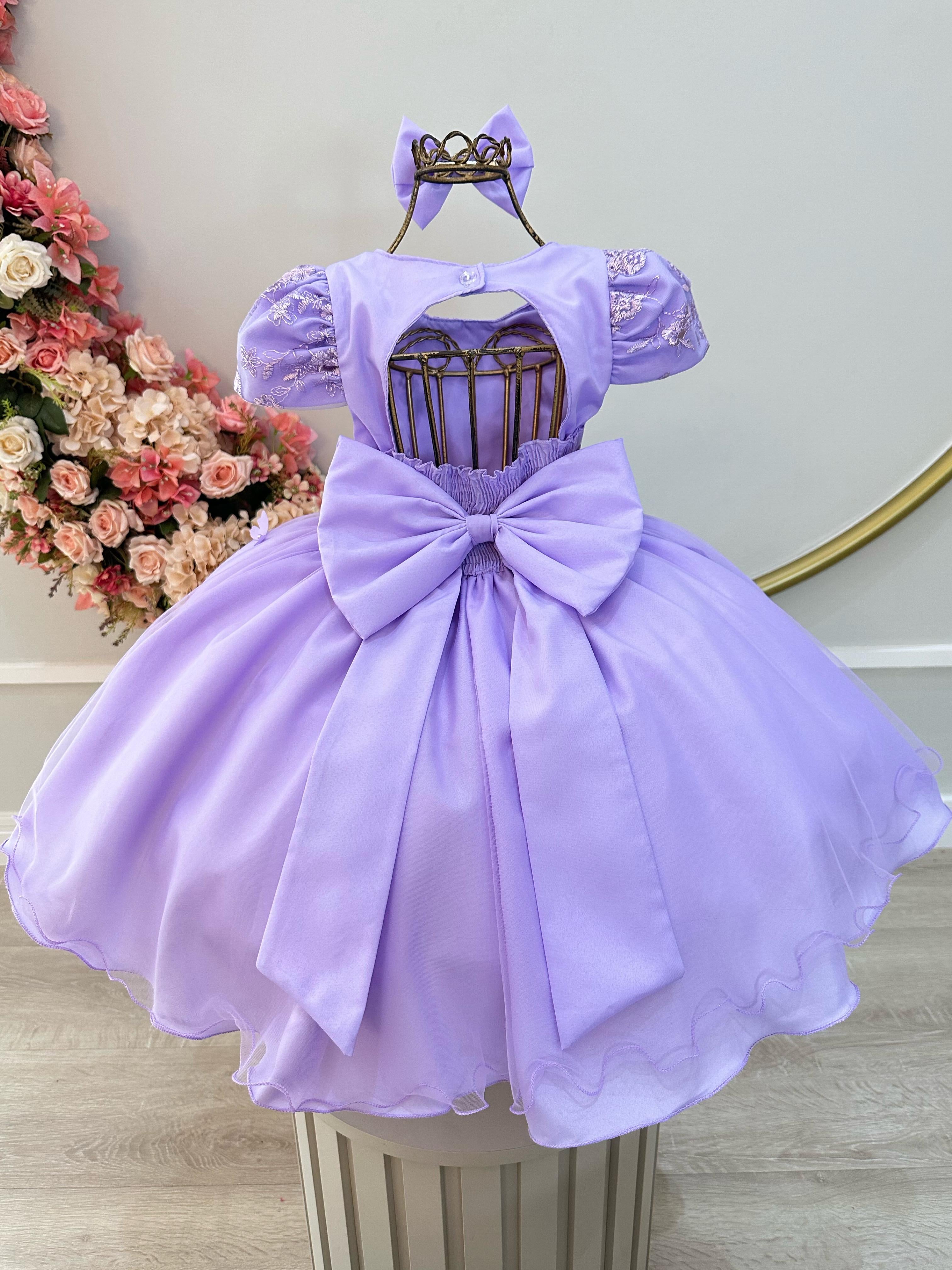 Vestido Infantil Lilás Busto C/ Renda Laço Daminhas Luxo