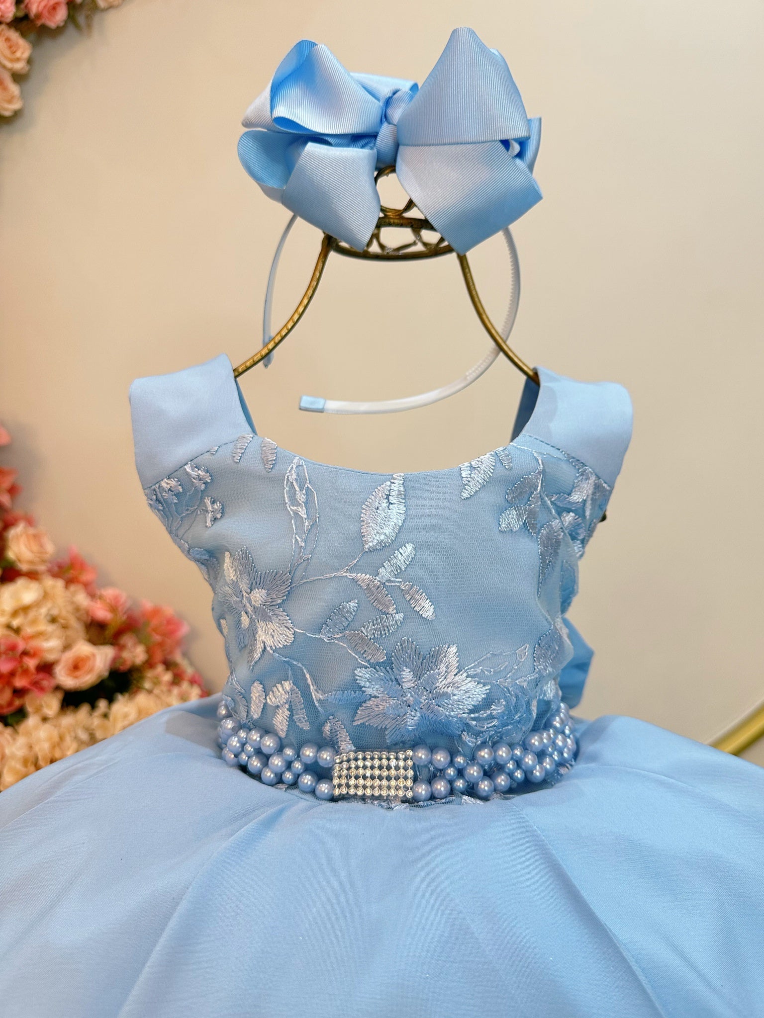 Vestido Infantil Azul Claro Busto C/ Renda Damas Festas