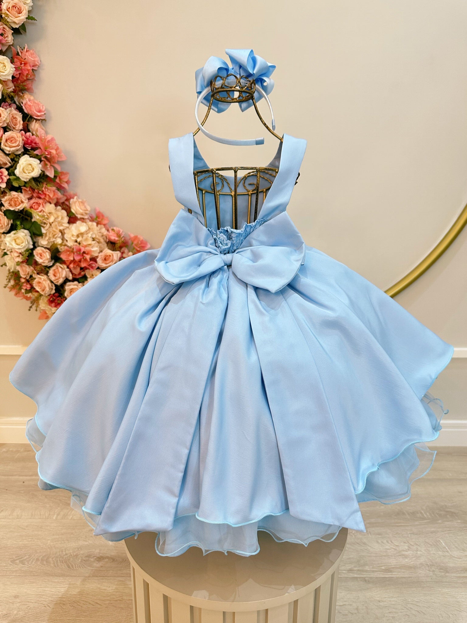 Vestido Infantil Azul Claro Busto C/ Renda Damas Festas