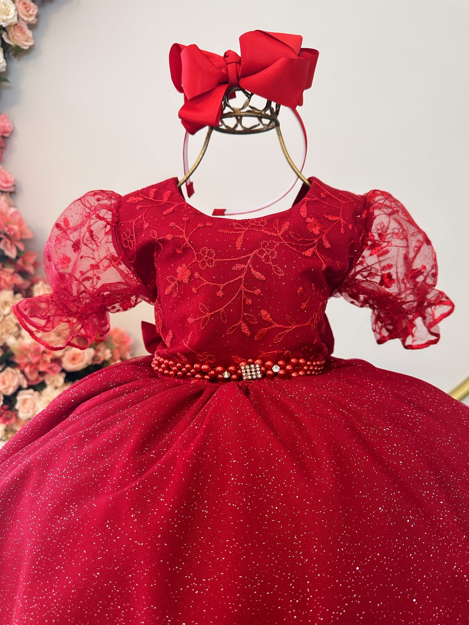 Vestido Infantil Vermelho Com Renda Luxo Festas Daminhas
