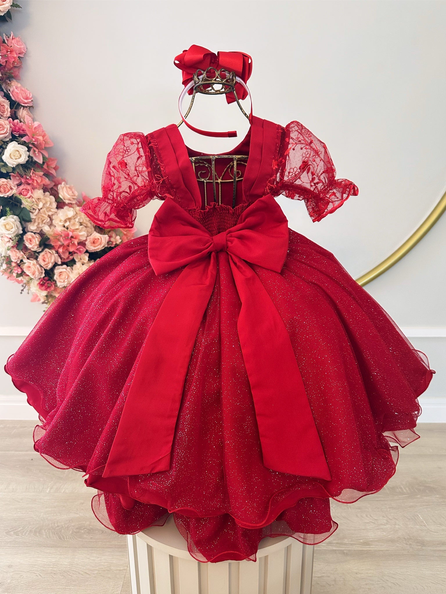 Vestido Infantil Vermelho Com Renda Luxo Festas Daminhas