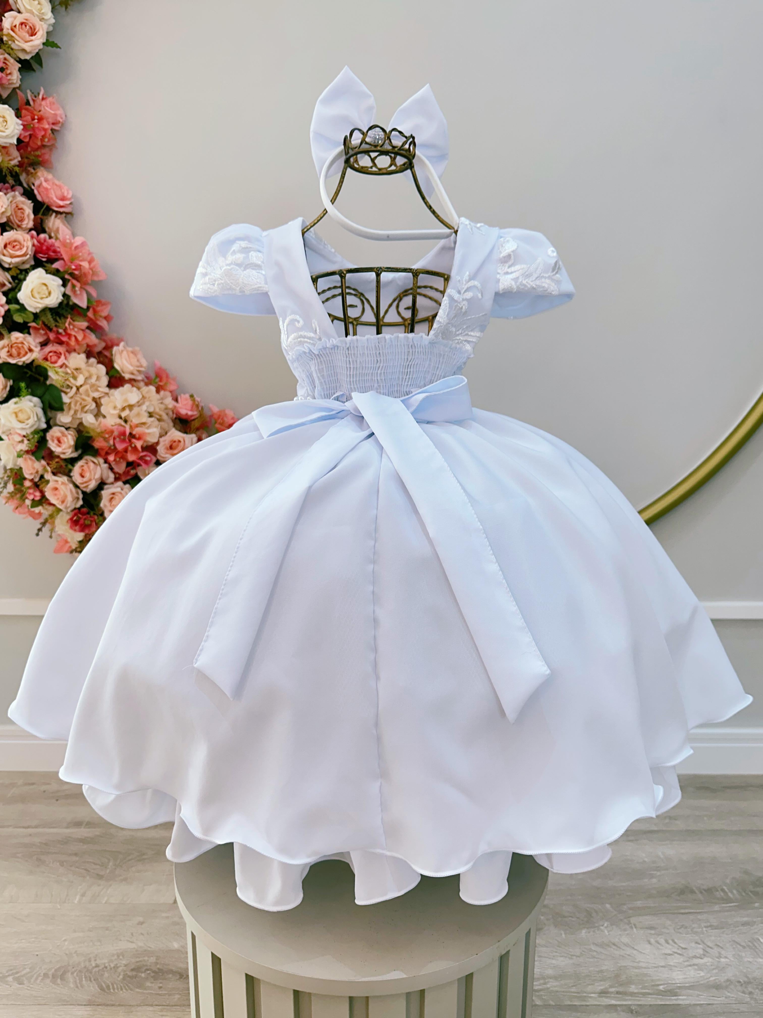 Vestido Infantil Branco Busto C/ Renda e Tiara Luxo Daminhas