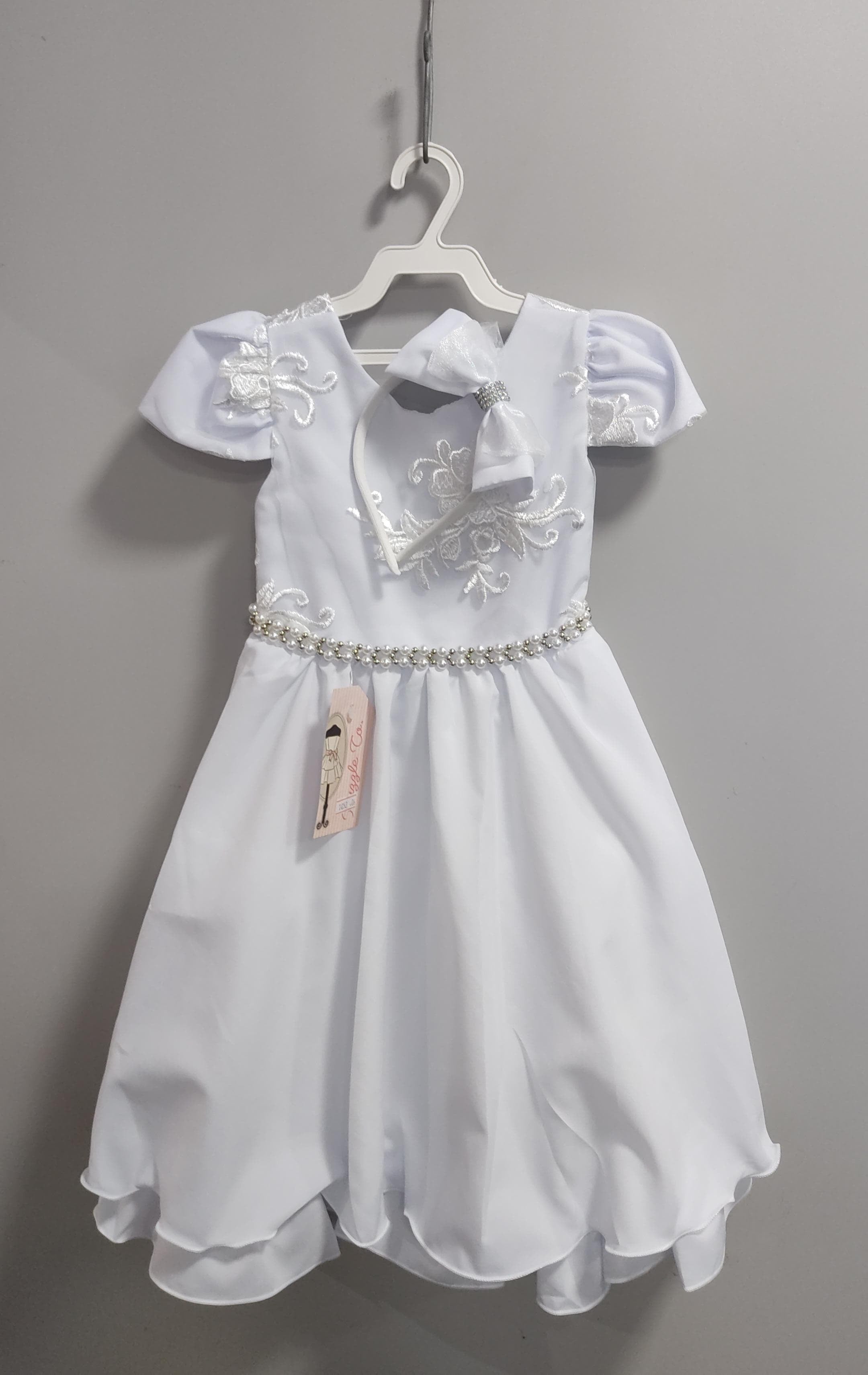 Vestido Infantil Branco Busto C/ Renda e Tiara Luxo Daminhas