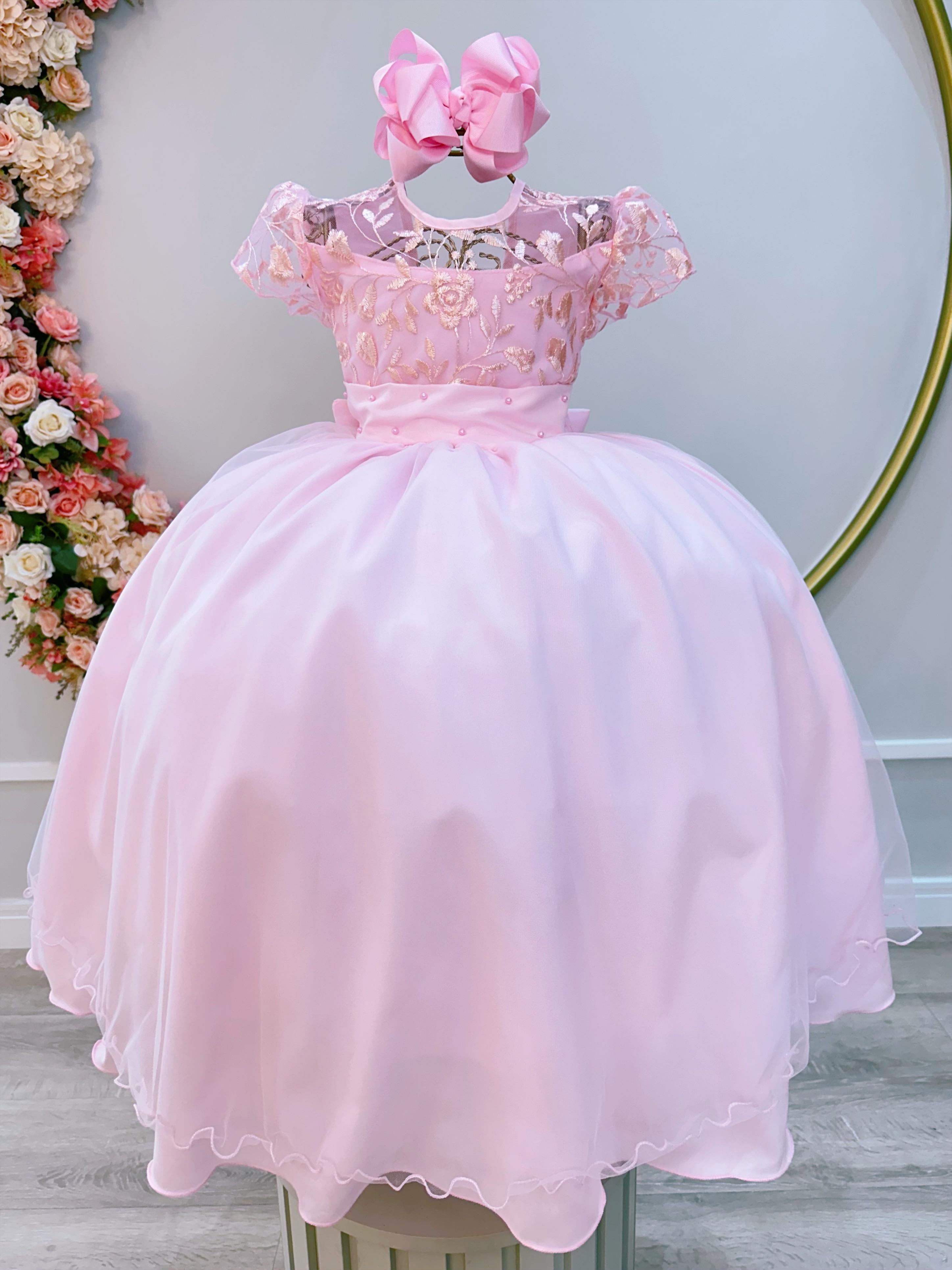 Vestido Infantil Rosa Claro Busto C/ Renda Luxo Damas Longo