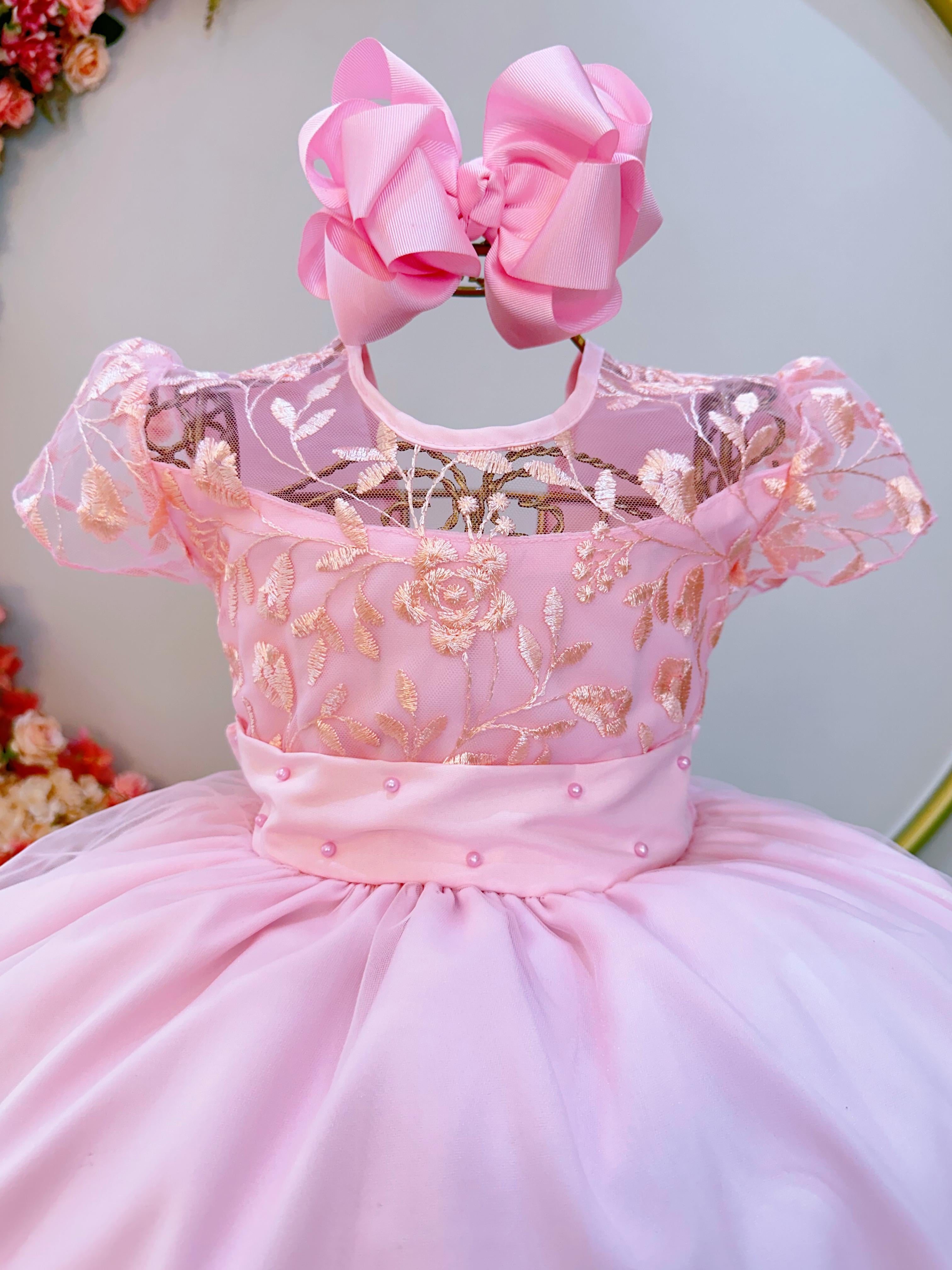 Vestido Infantil Rosa Claro Busto C/ Renda Luxo Damas Longo