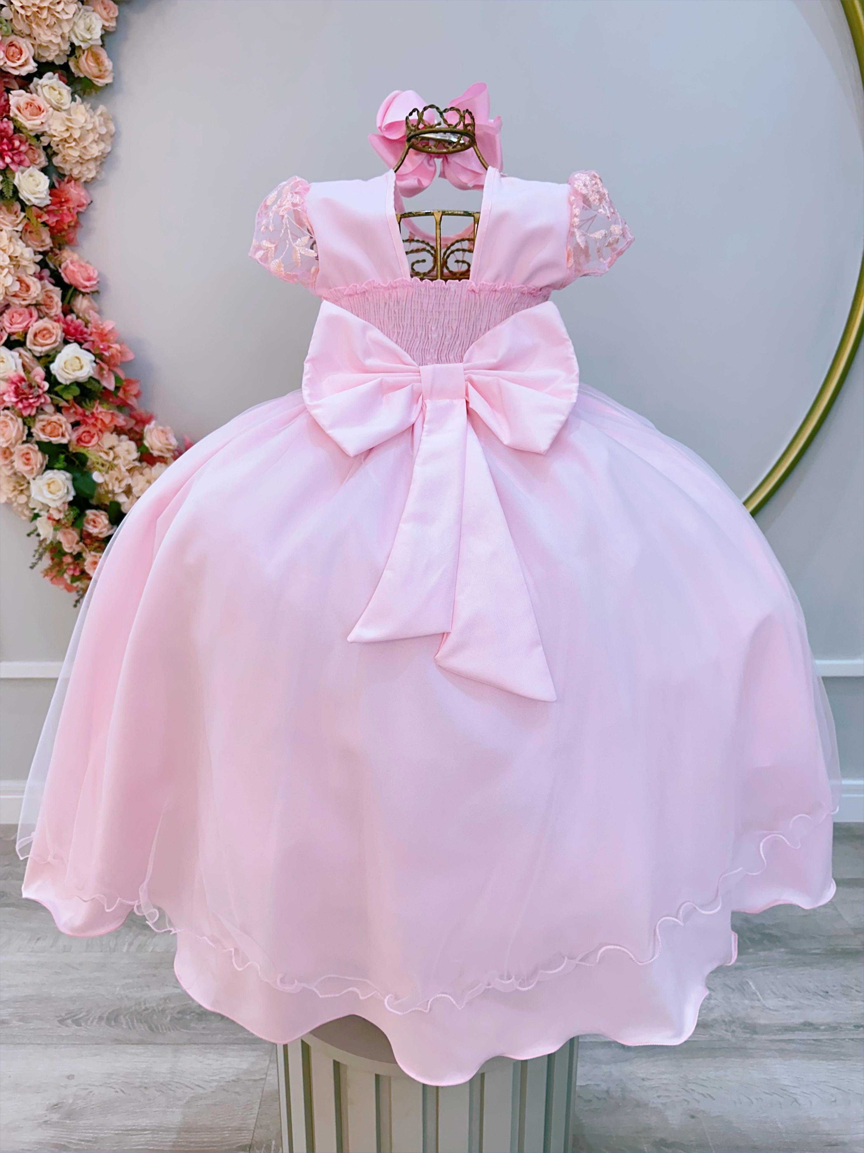 Vestido Infantil Rosa Claro Busto C/ Renda Luxo Damas Longo