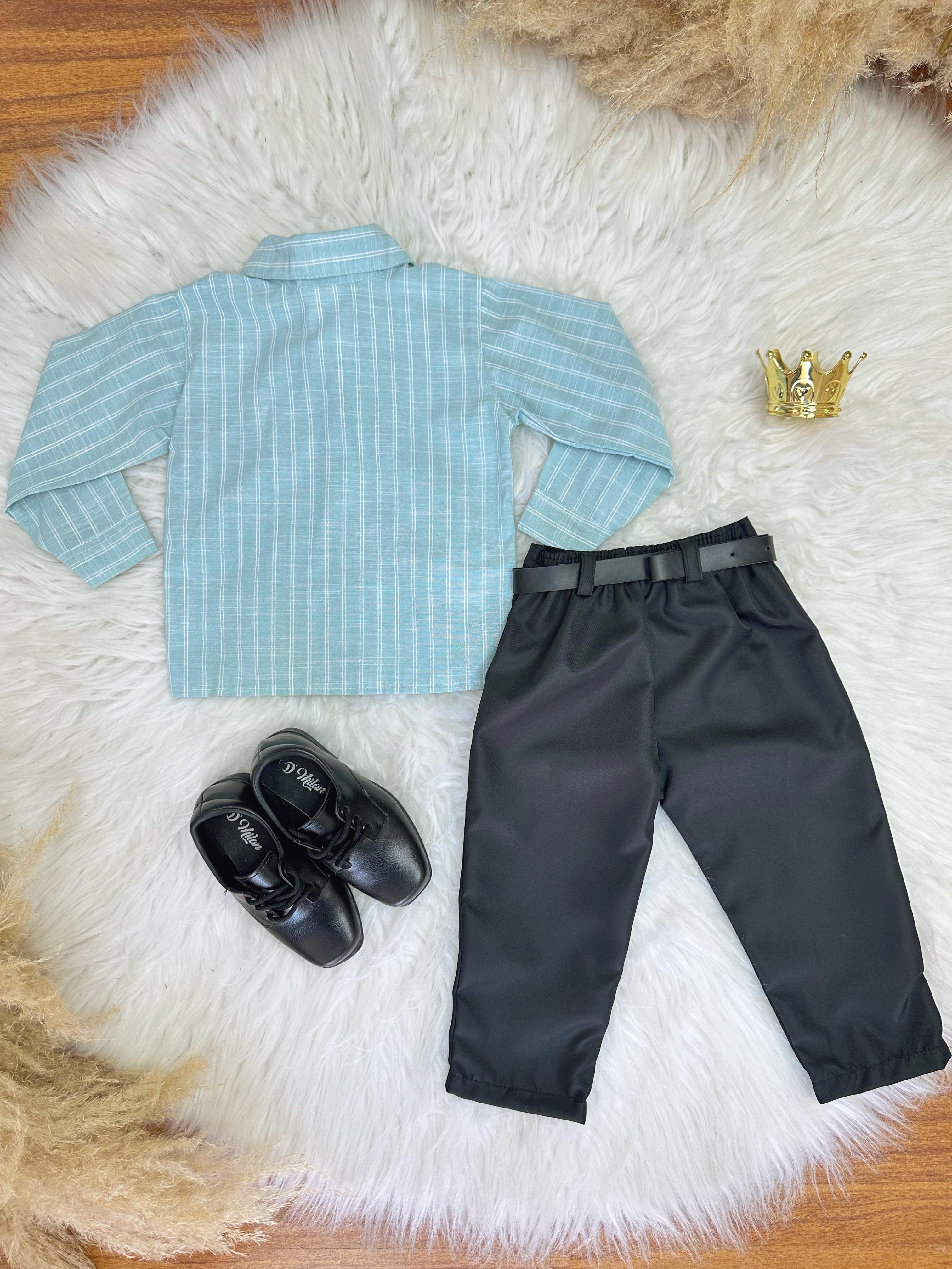 Conjunto Infantil Camisa Listrada Verde e Calça Preta Cinto