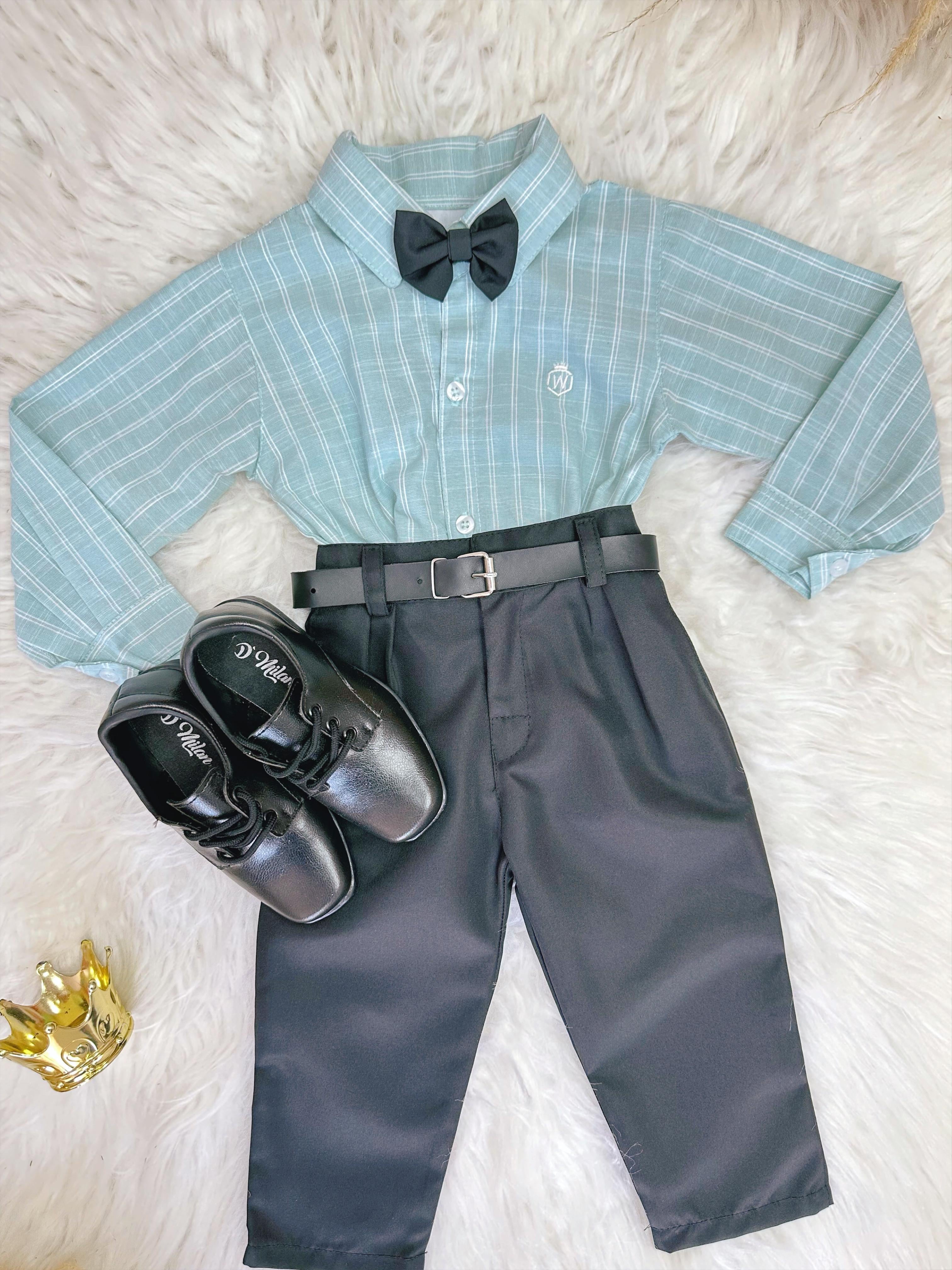 Conjunto Infantil Camisa Listrada Verde e Calça Preta Cinto