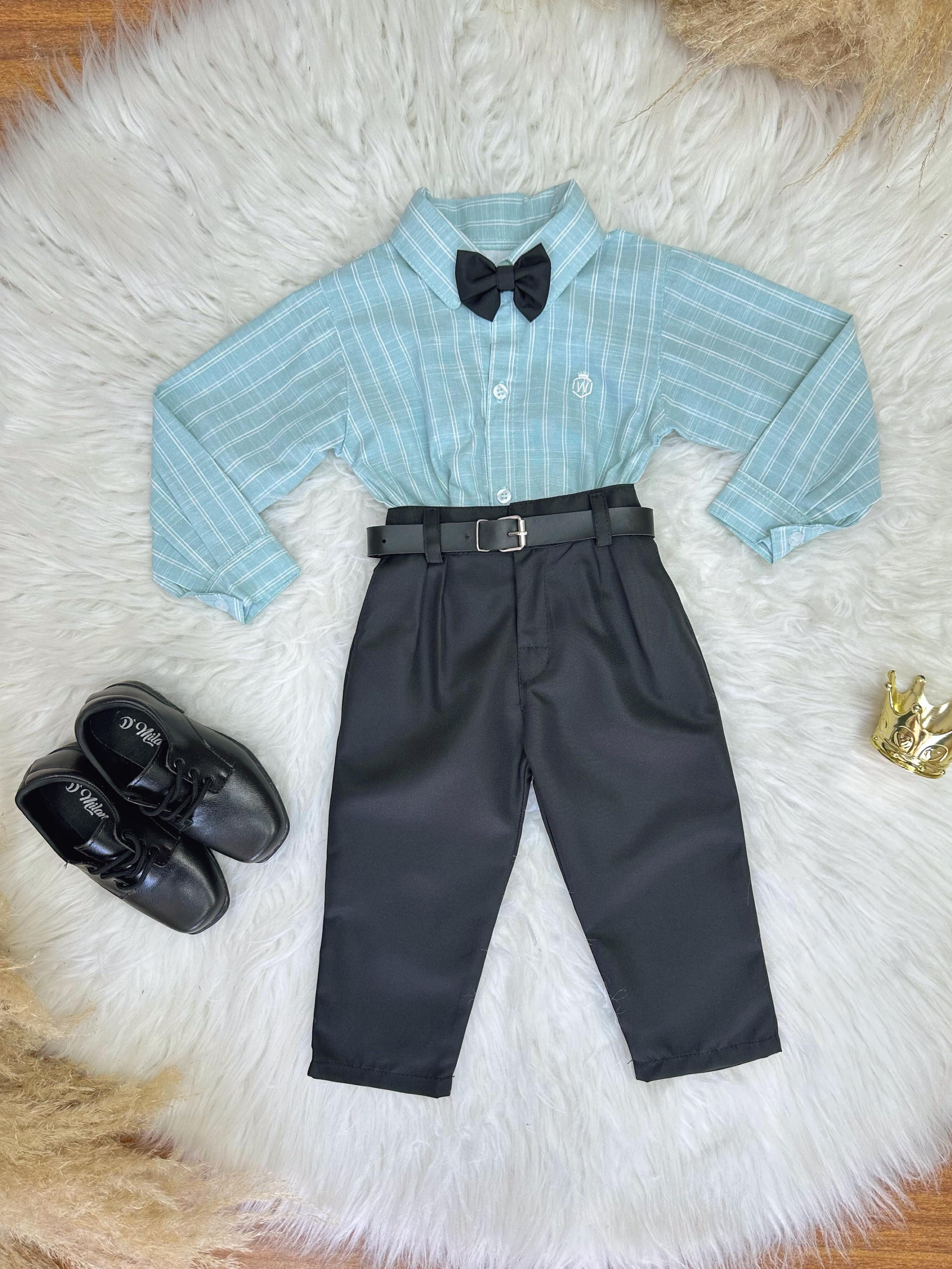 Conjunto Infantil Camisa Listrada Verde e Calça Preta Cinto