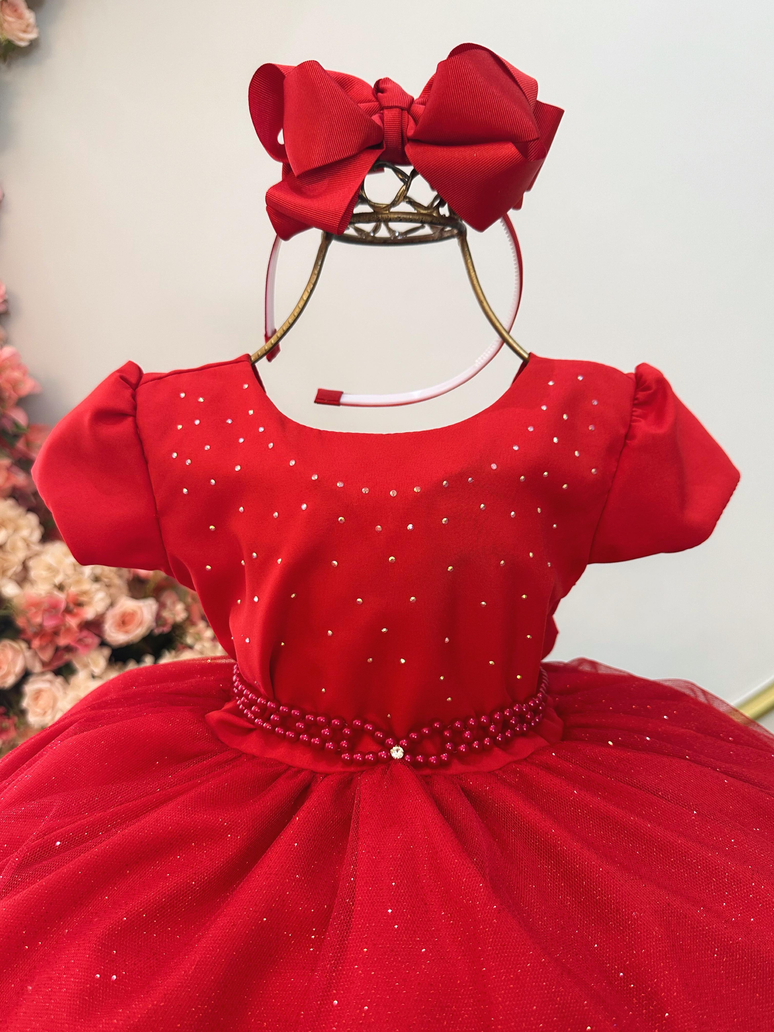 Vestido Infantil Vermelho Busto C/ Strass Festas Daminhas (1325VM)