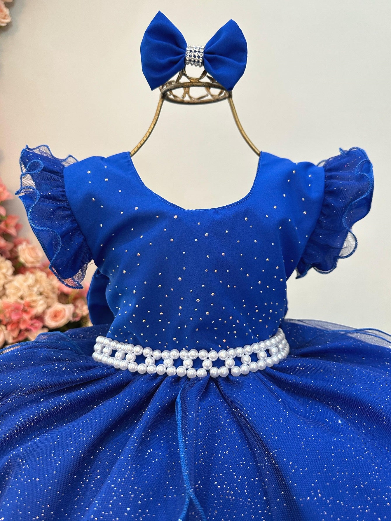 Vestido Infantil Azul Royal Saia C/ Tule e Glitter Daminhas
