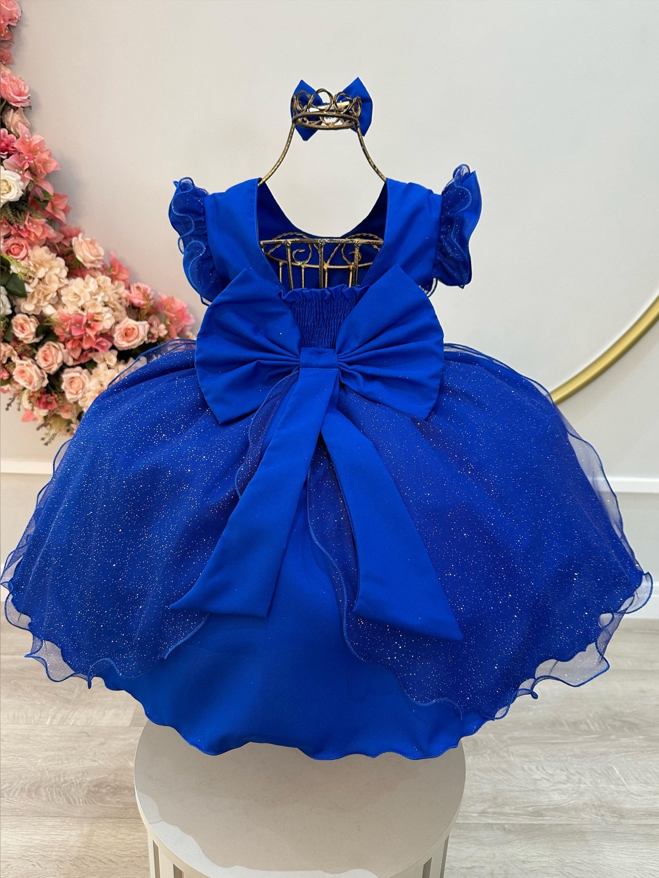 Vestido Infantil Azul Royal Saia C/ Tule e Glitter Daminhas