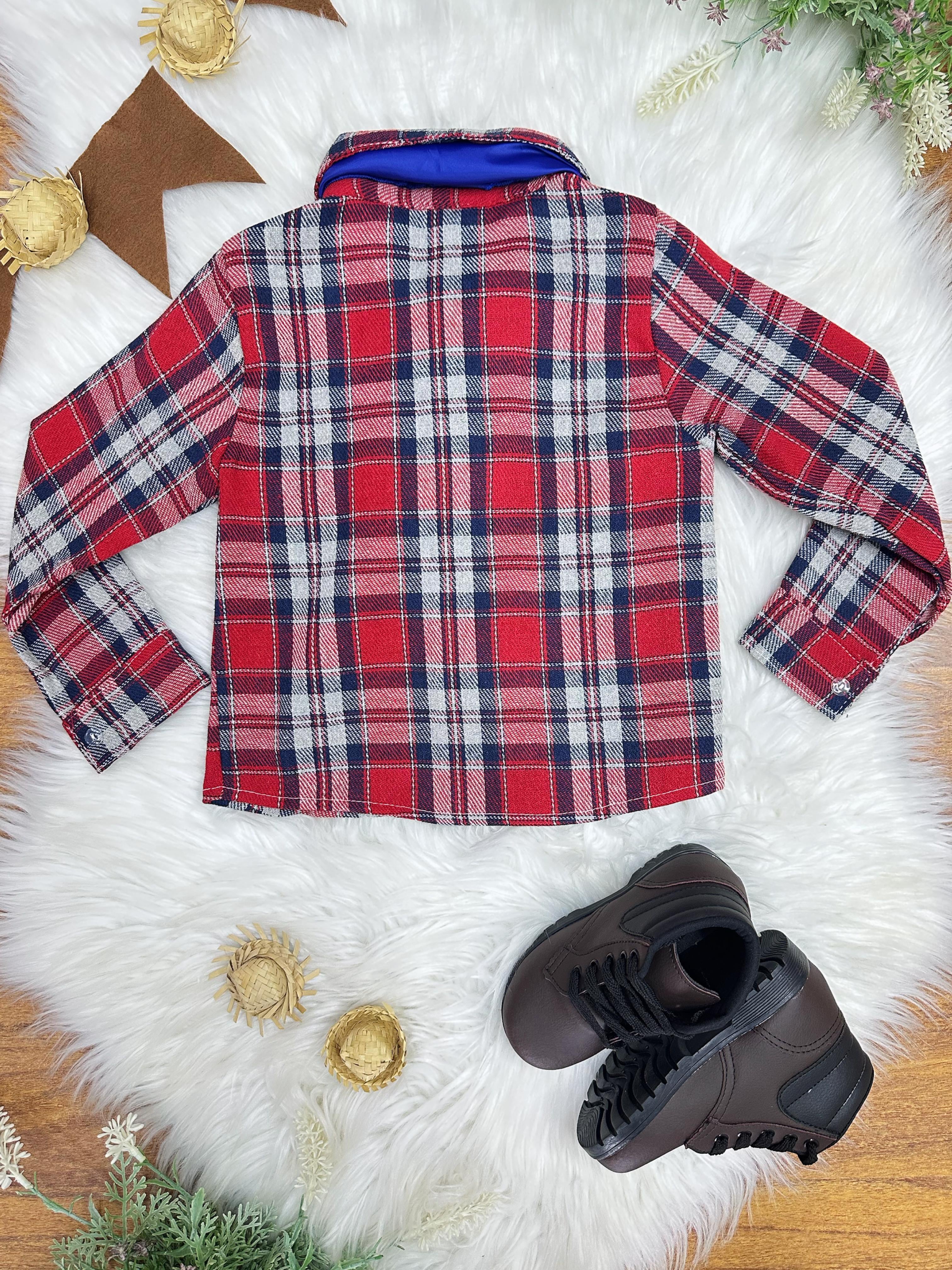 Camisa Flanelada Xadrez Junino Vermelho e Azul C/ Gravata