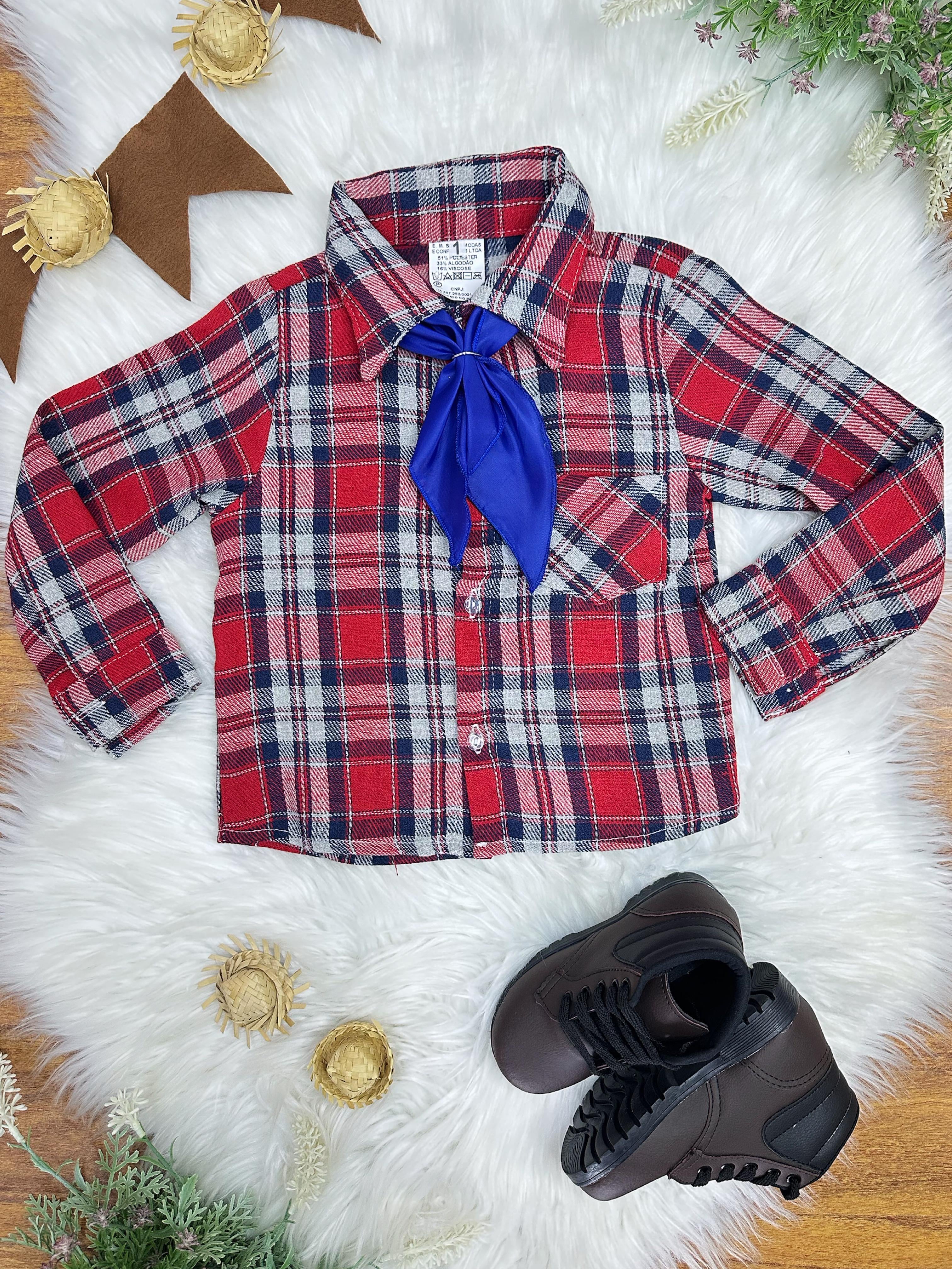 Camisa Flanelada Xadrez Junino Vermelho e Azul C/ Gravata