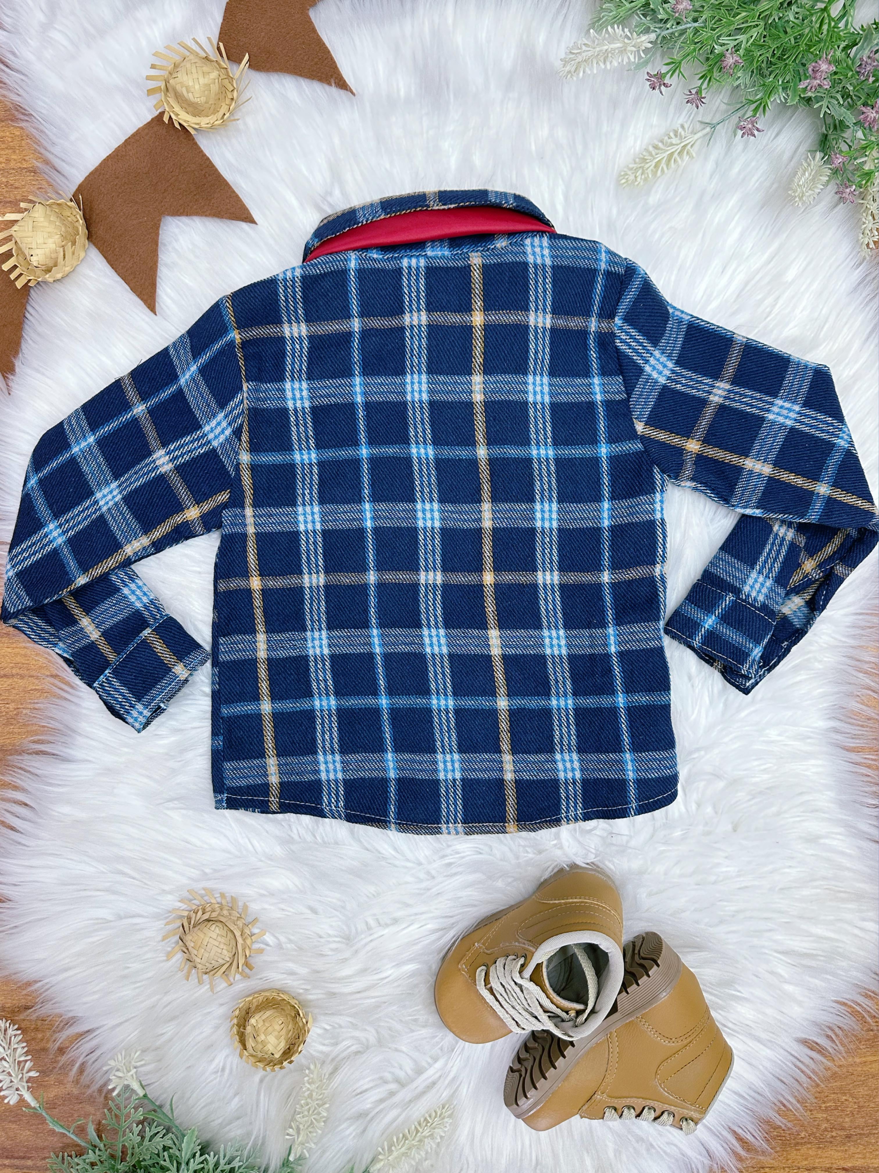 Camisa Flanelada Xadrez Junino Azul Escuro C/ Gravata