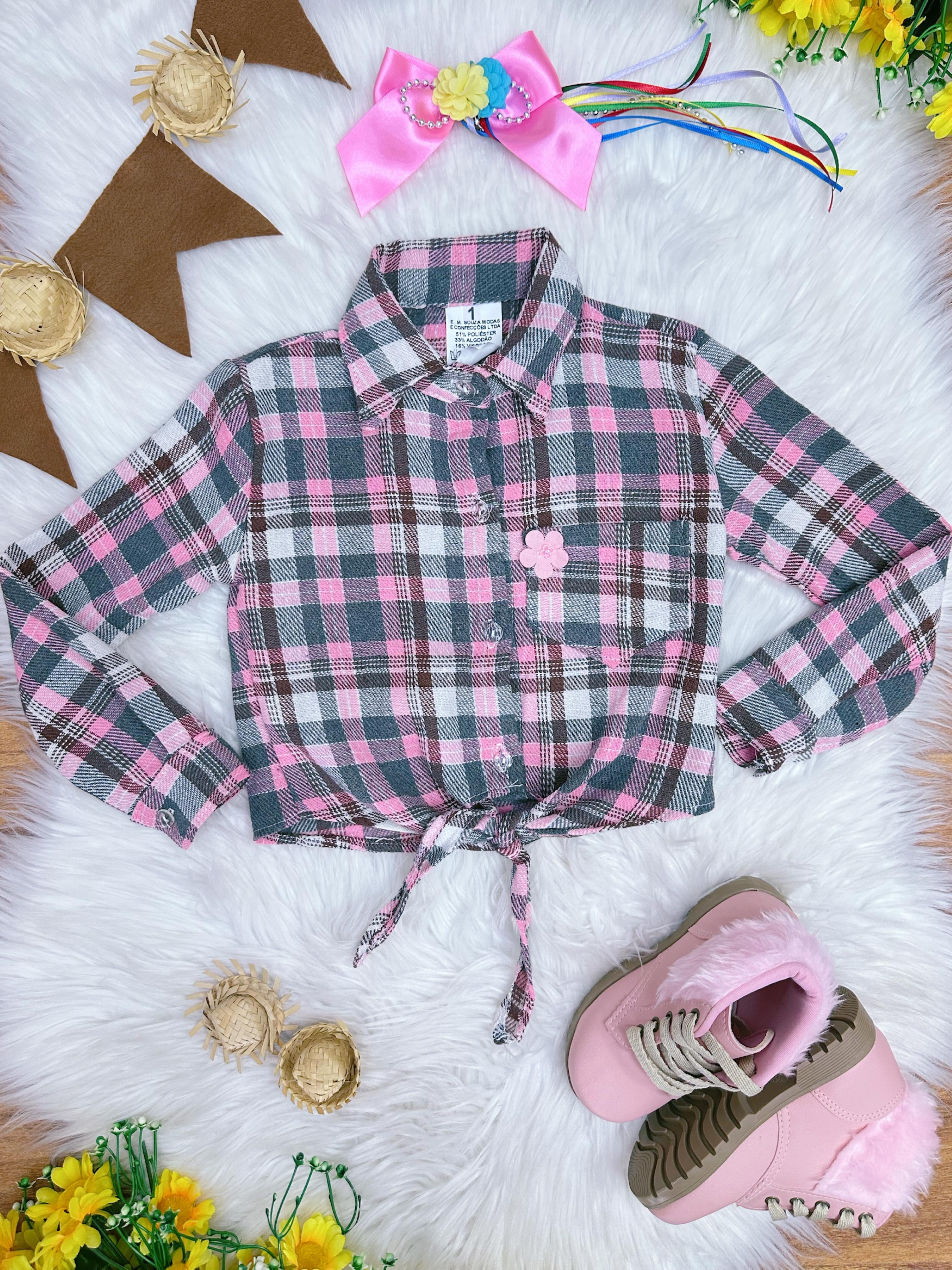 Camisa Meninas Flanelada Xadrez Junino Arraiá Rosa e Vermelho