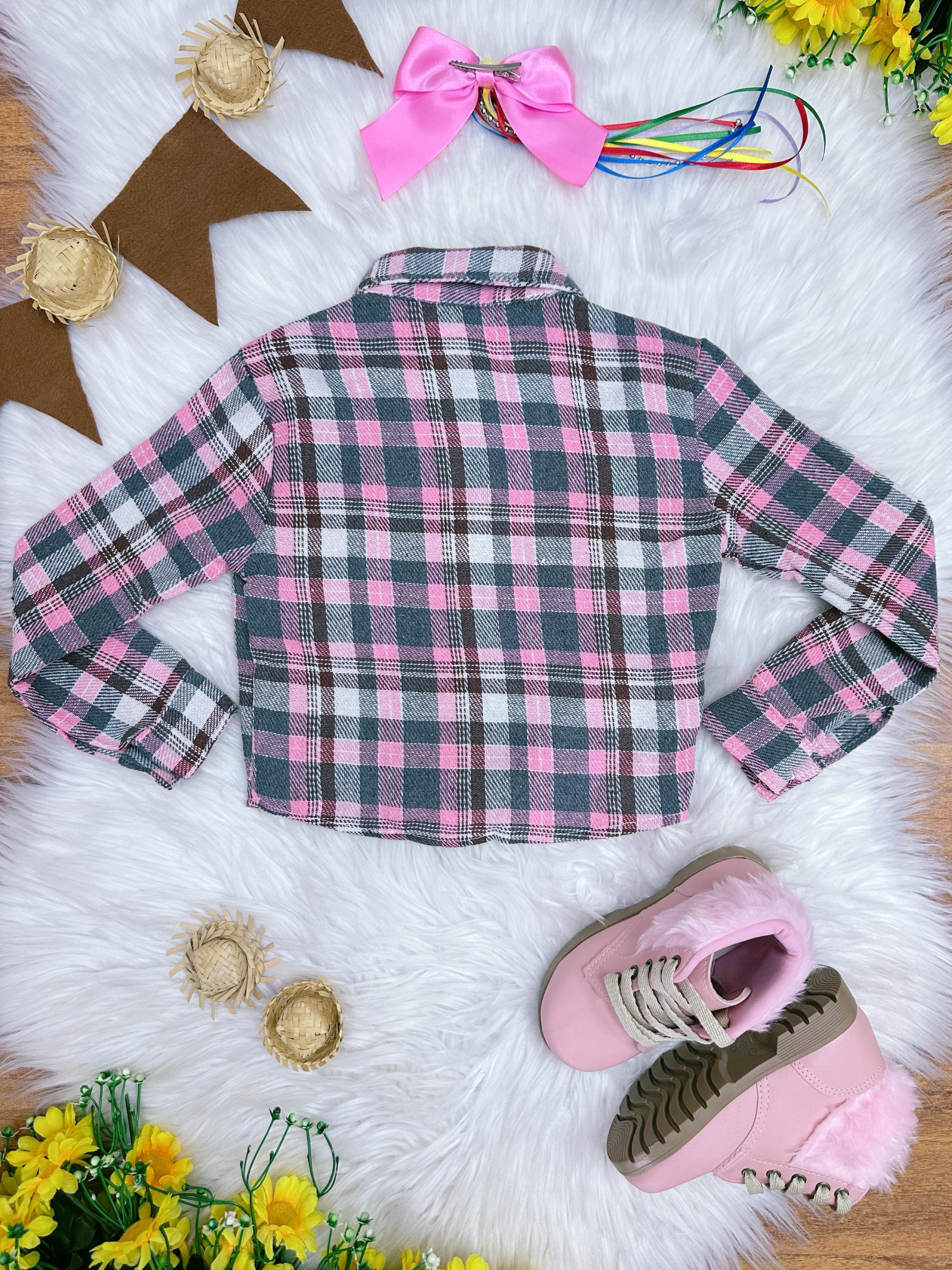 Camisa Meninas Flanelada Xadrez Junino Arraiá Rosa e Vermelho