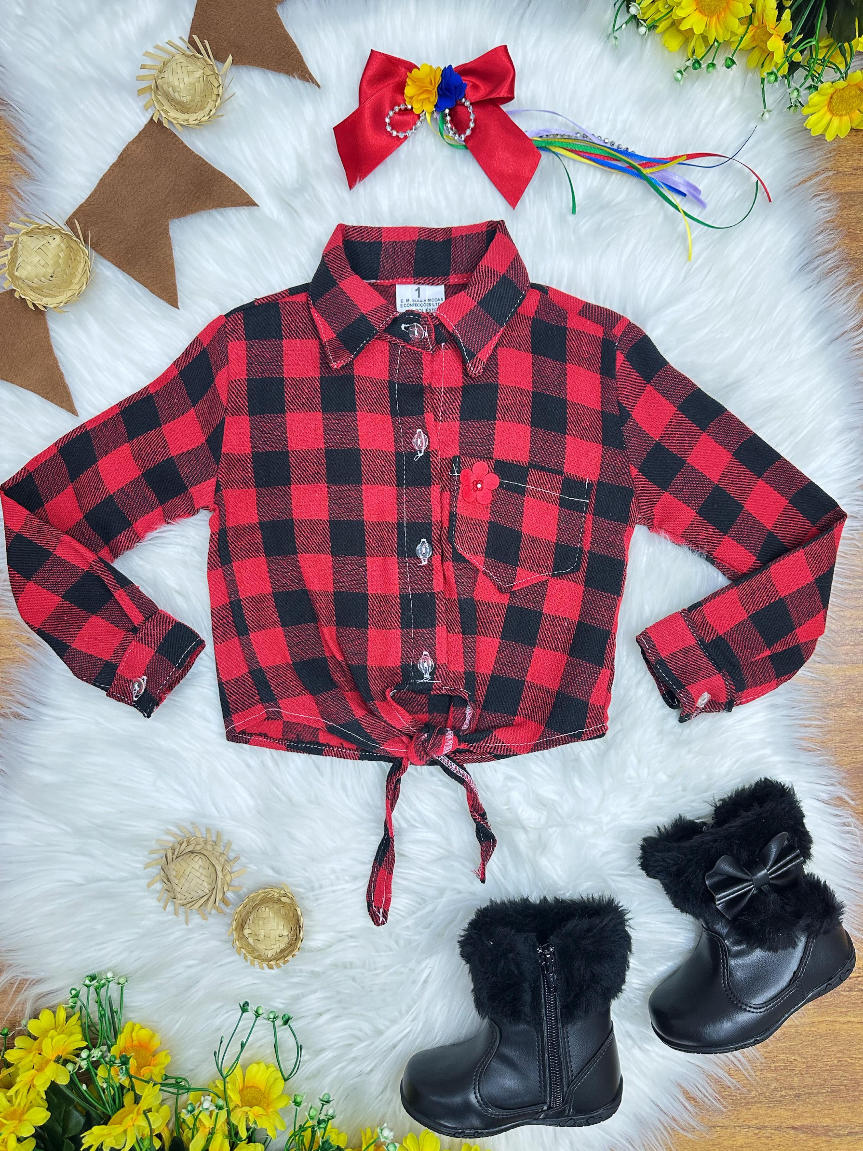 Camisa Meninas Flanelada Xadrez Junino Arraiá Preto e Vermelho