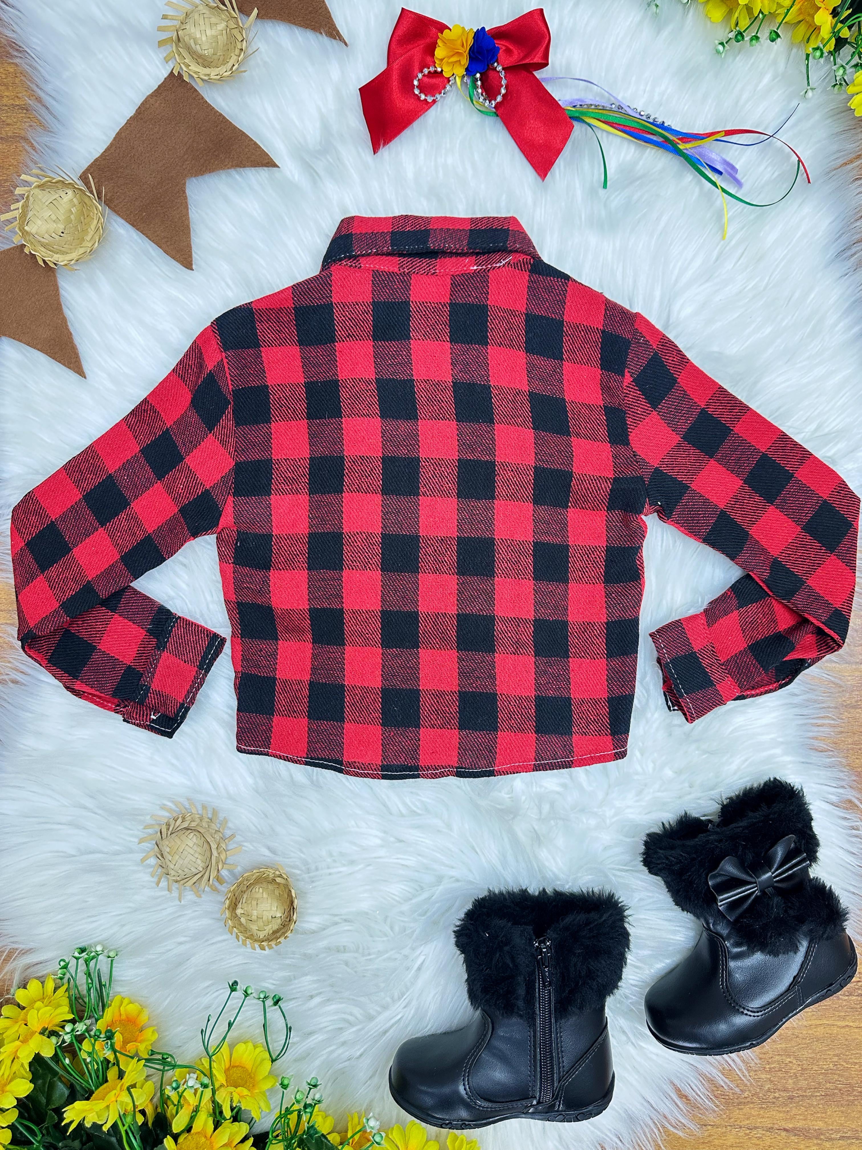 Camisa Meninas Flanelada Xadrez Junino Arraiá Preto e Vermelho