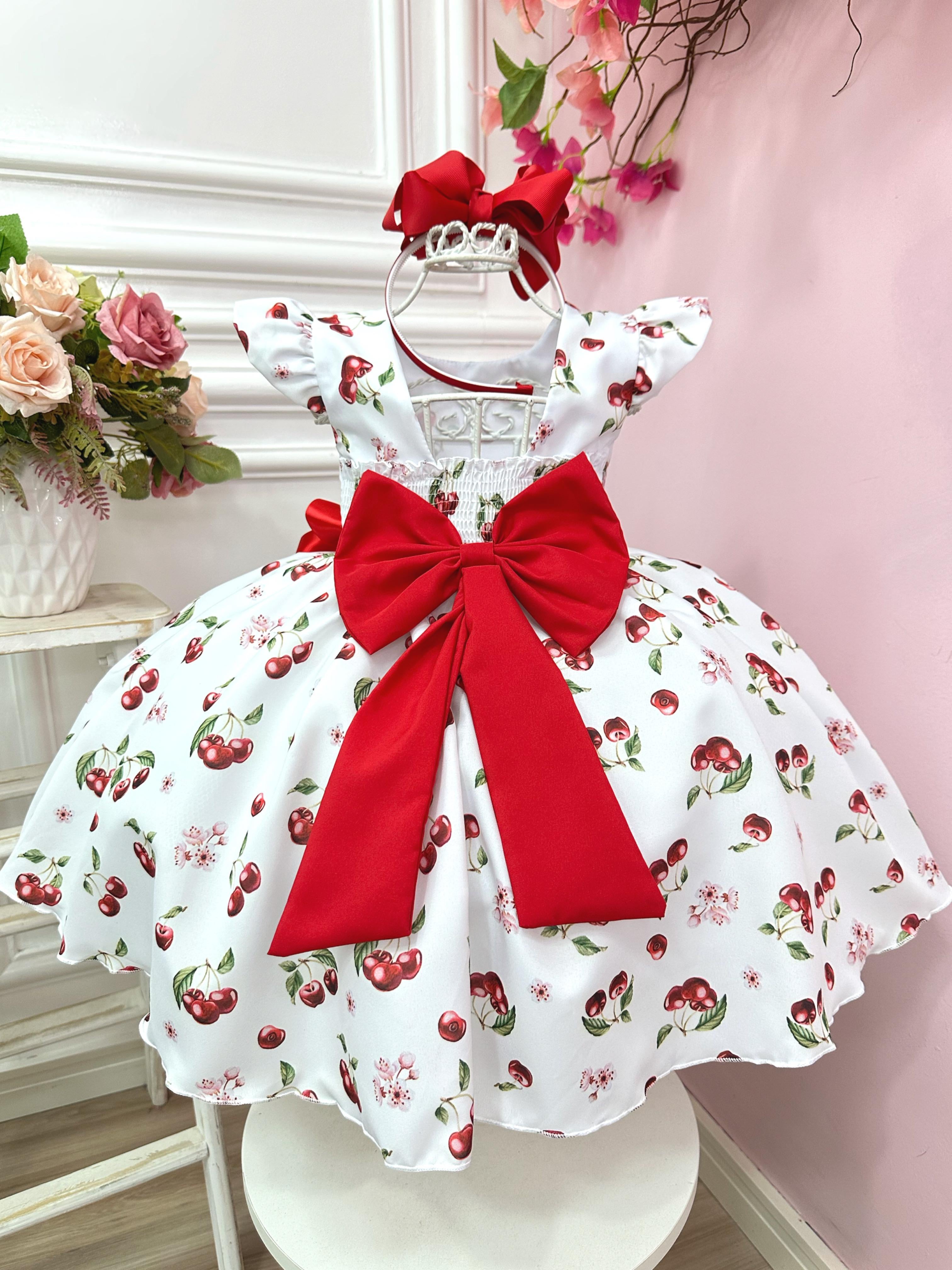 Vestido Infantil Branco Estampa Cereja C/ Broche Luxo Festas