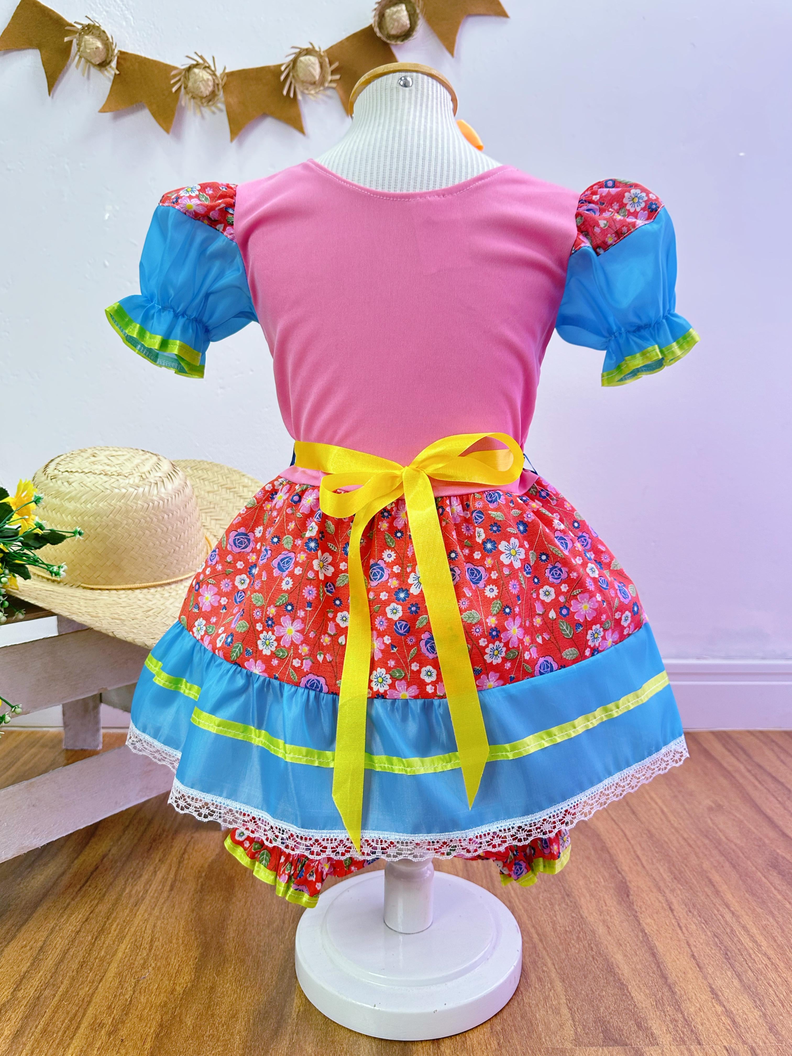 Fantasia Infantil Junino Rosa e Azul Com Florzinhas Coloridas