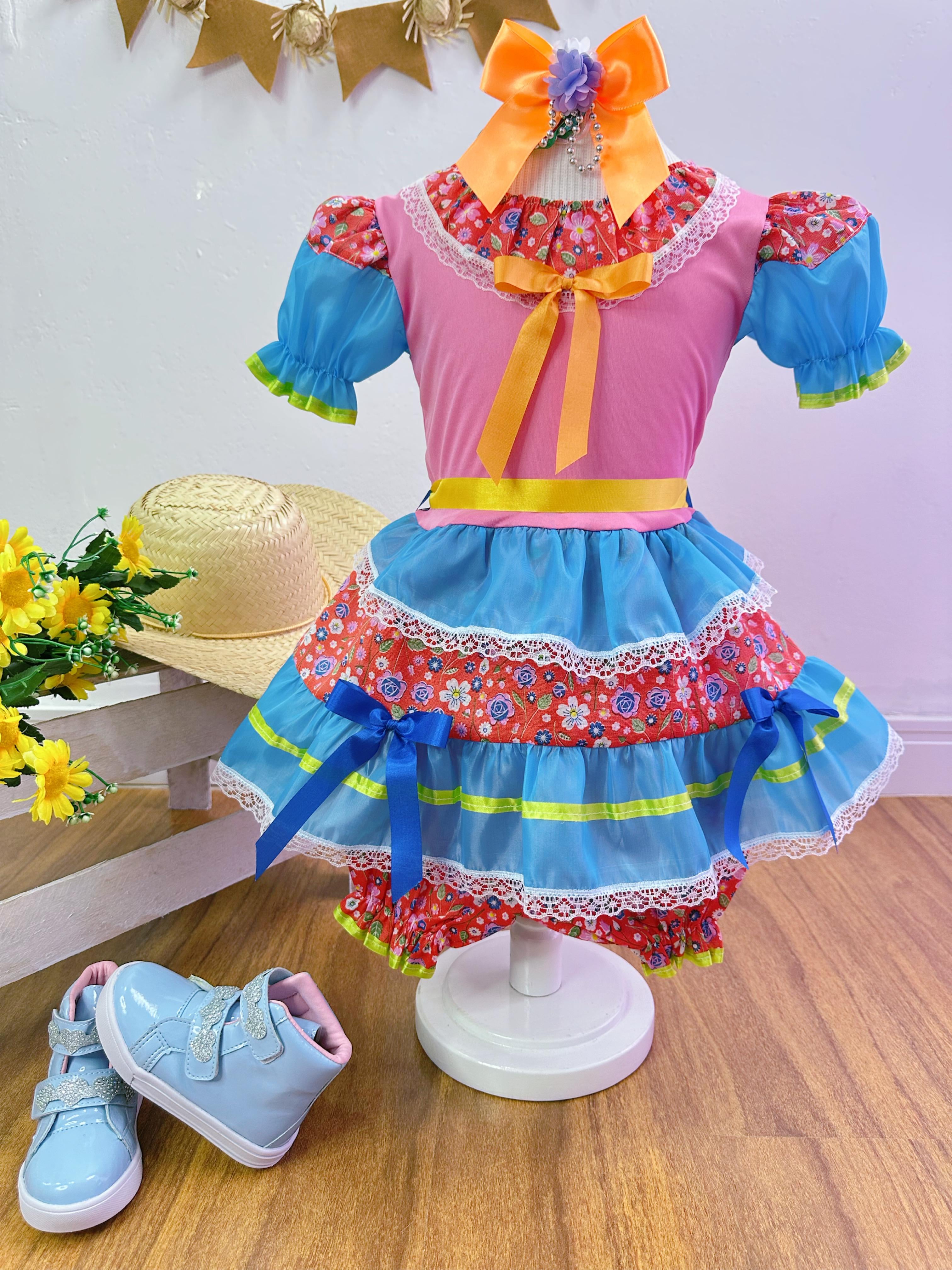 Fantasia Infantil Junino Rosa e Azul Com Florzinhas Coloridas