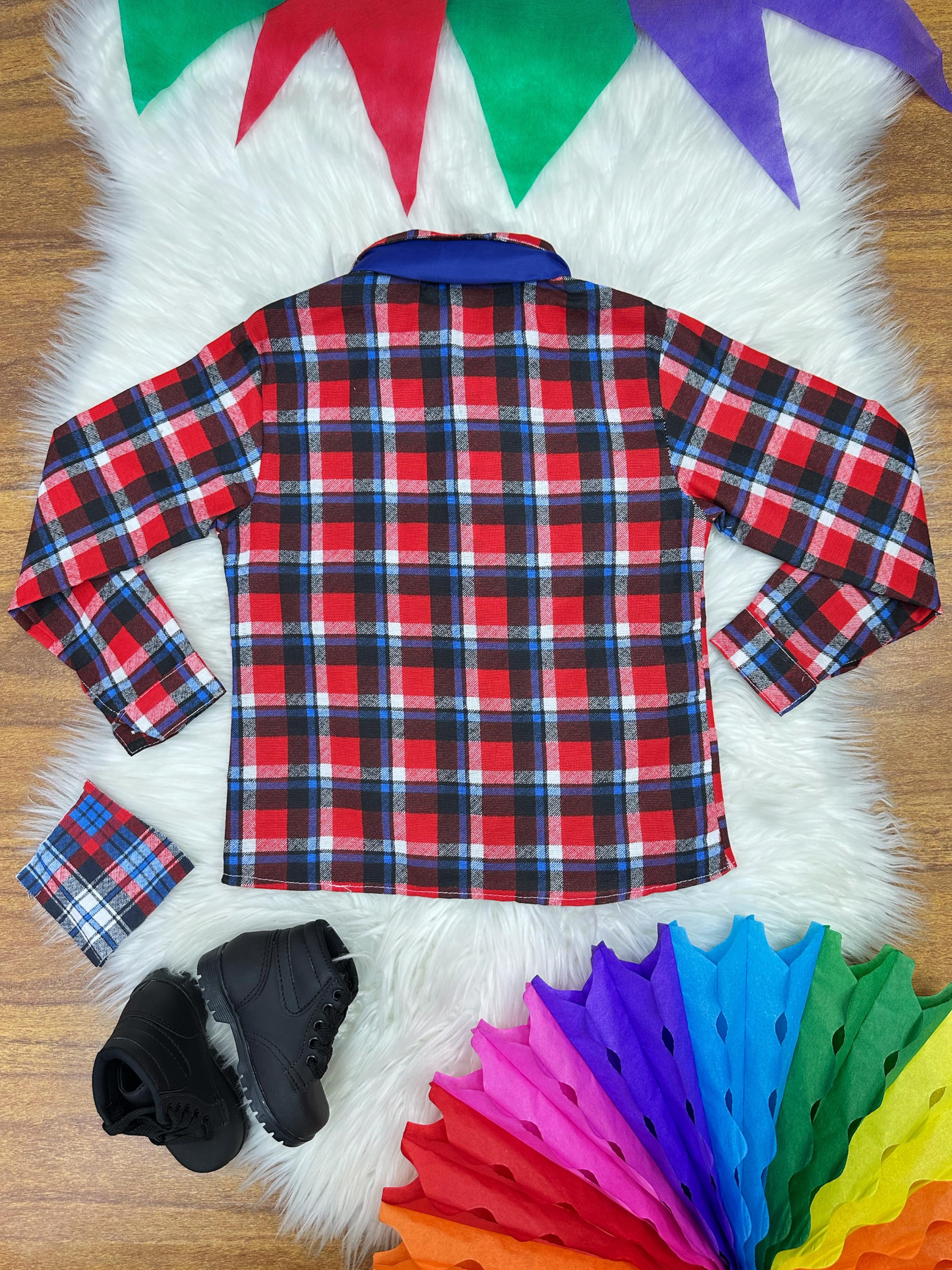 Camisa Flanelada Xadrez Junino Vermelho e Azul C/ Lenço e Gravata