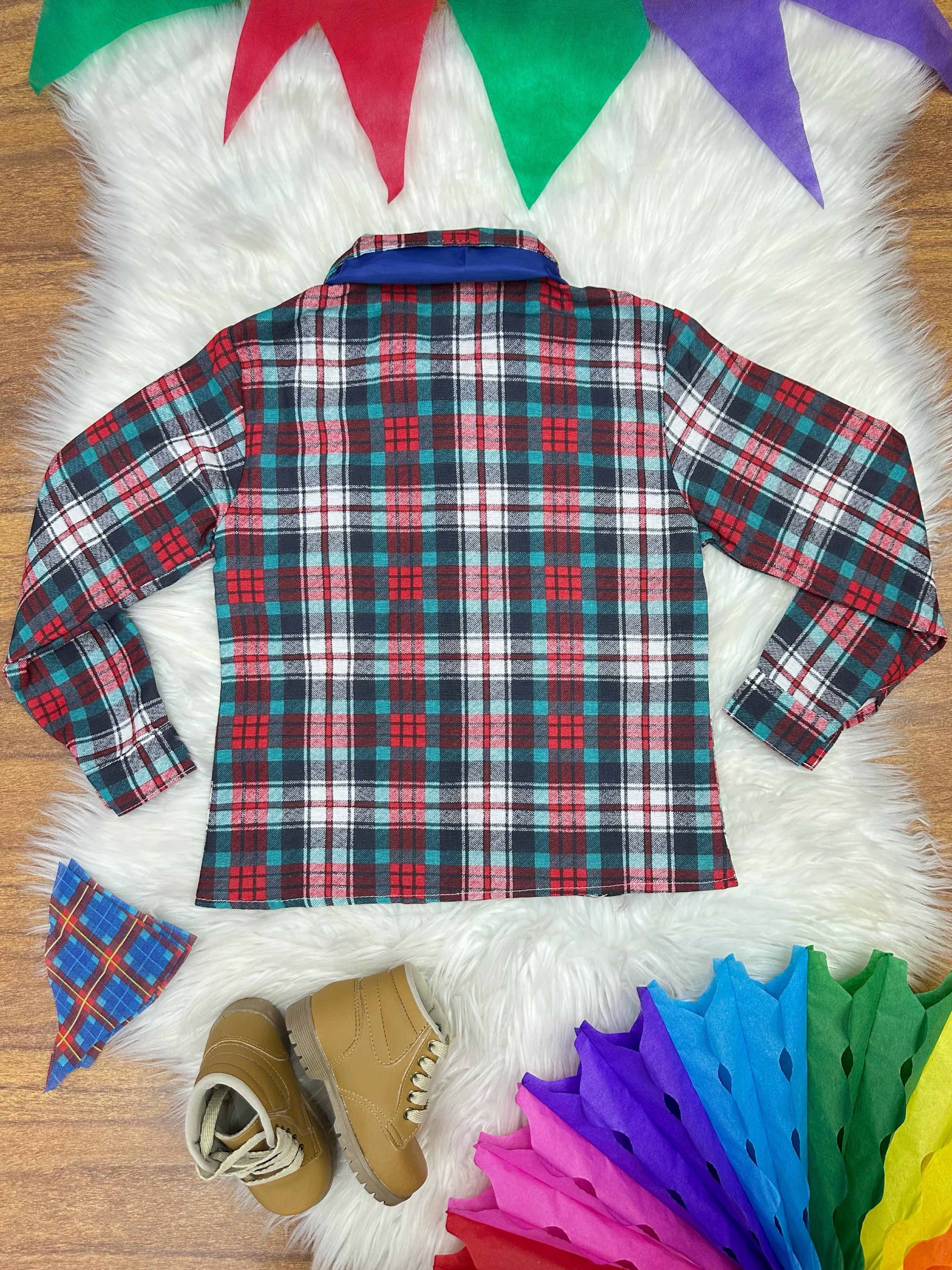 Camisa Flanelada Xadrez Junino Verde e Vermelho C/ Lenço e Gravata