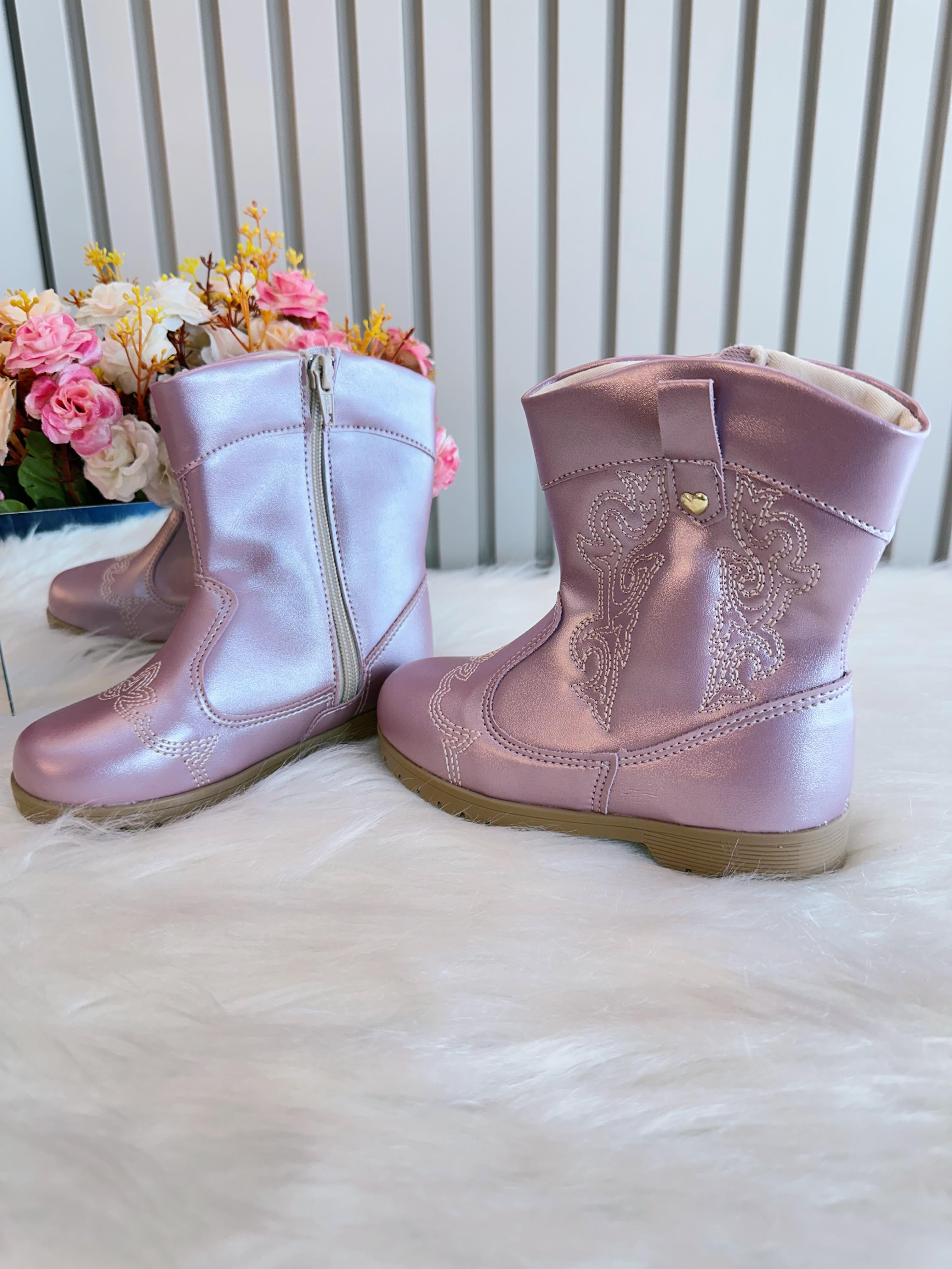Bota infantil Boiadeira Texana Rose Metalizado Com Zíper Luxo