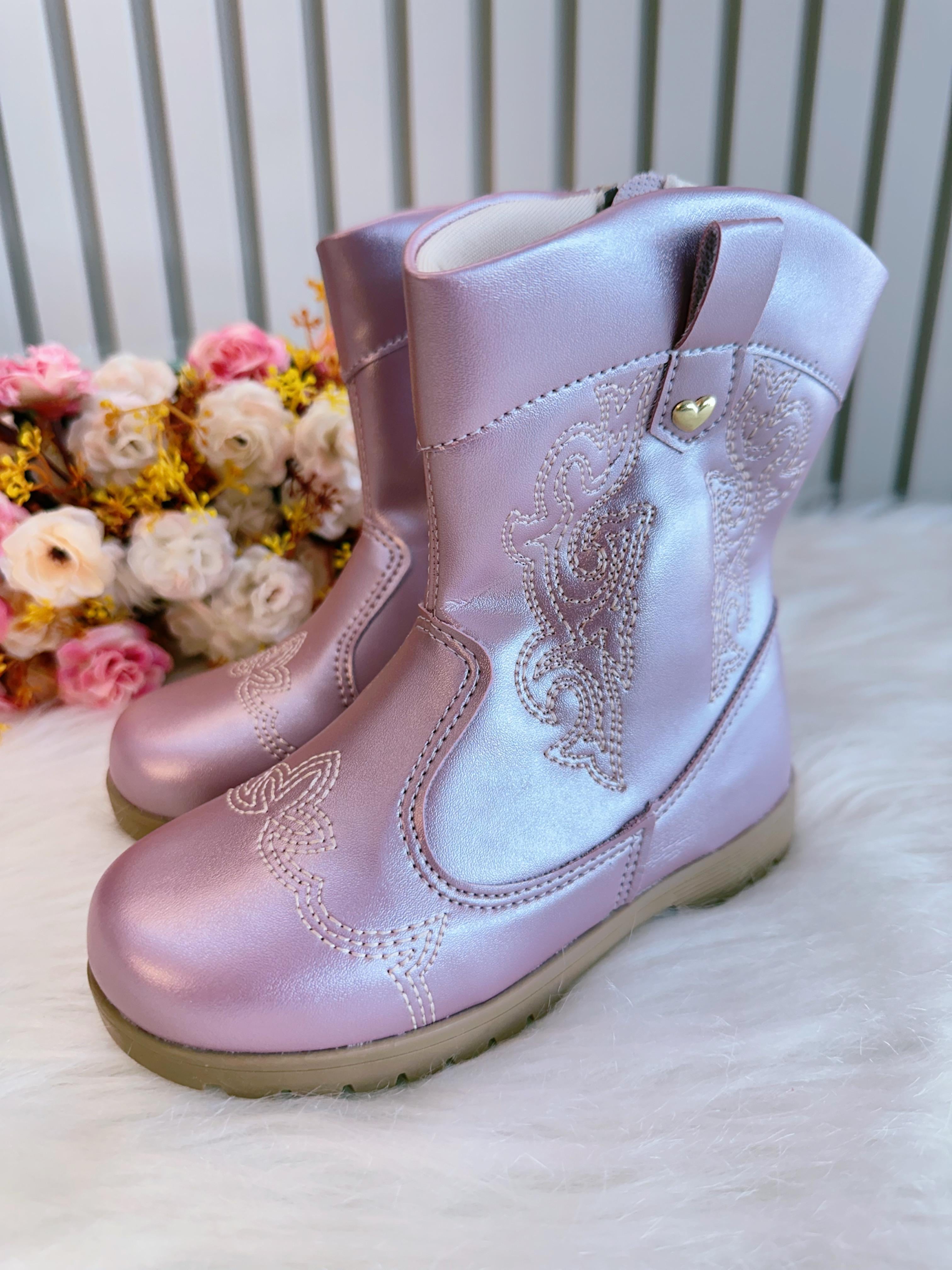Bota infantil Boiadeira Texana Rose Metalizado Com Zíper Luxo