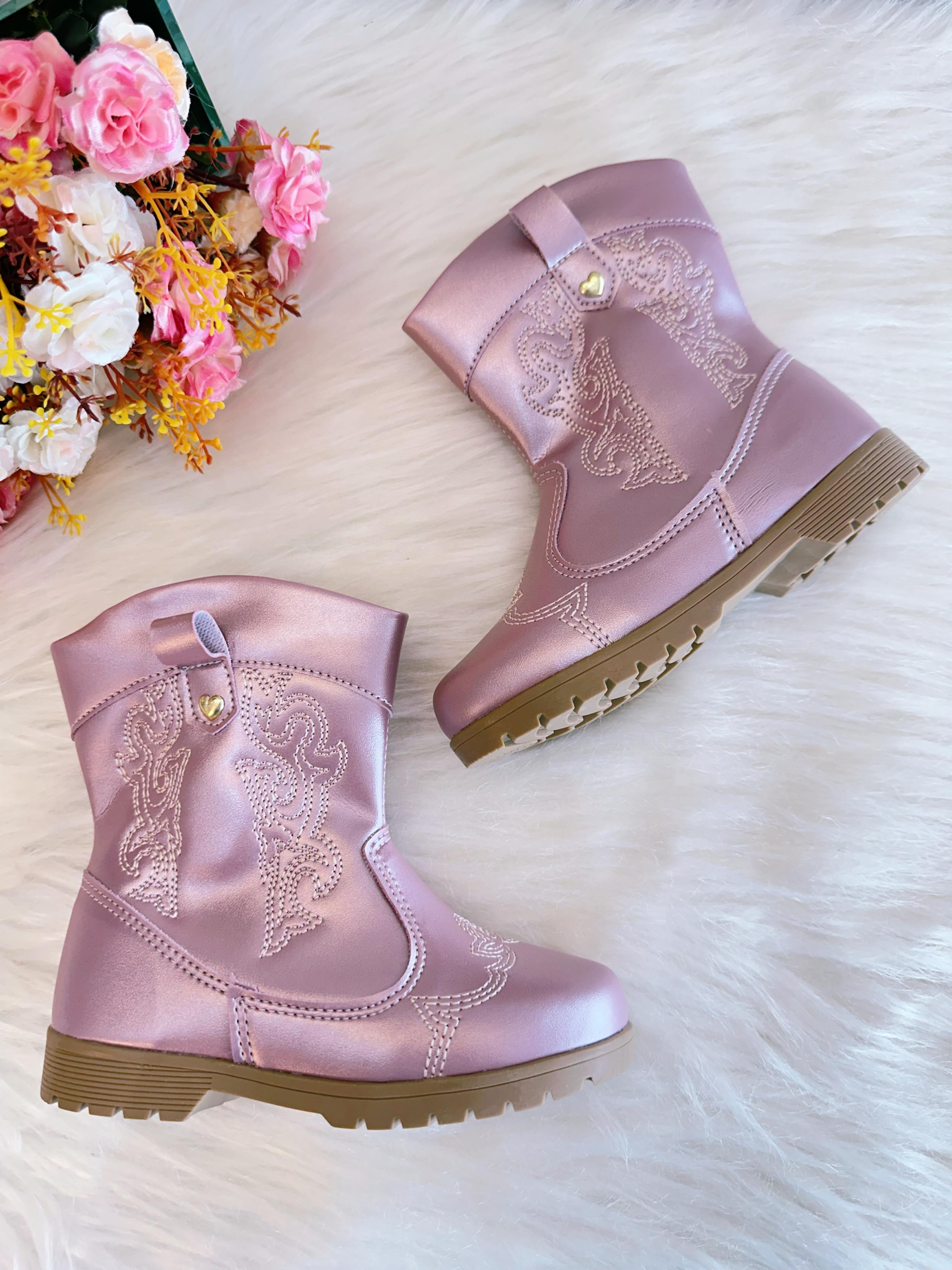 Bota infantil Boiadeira Texana Rose Metalizado Com Zíper Luxo