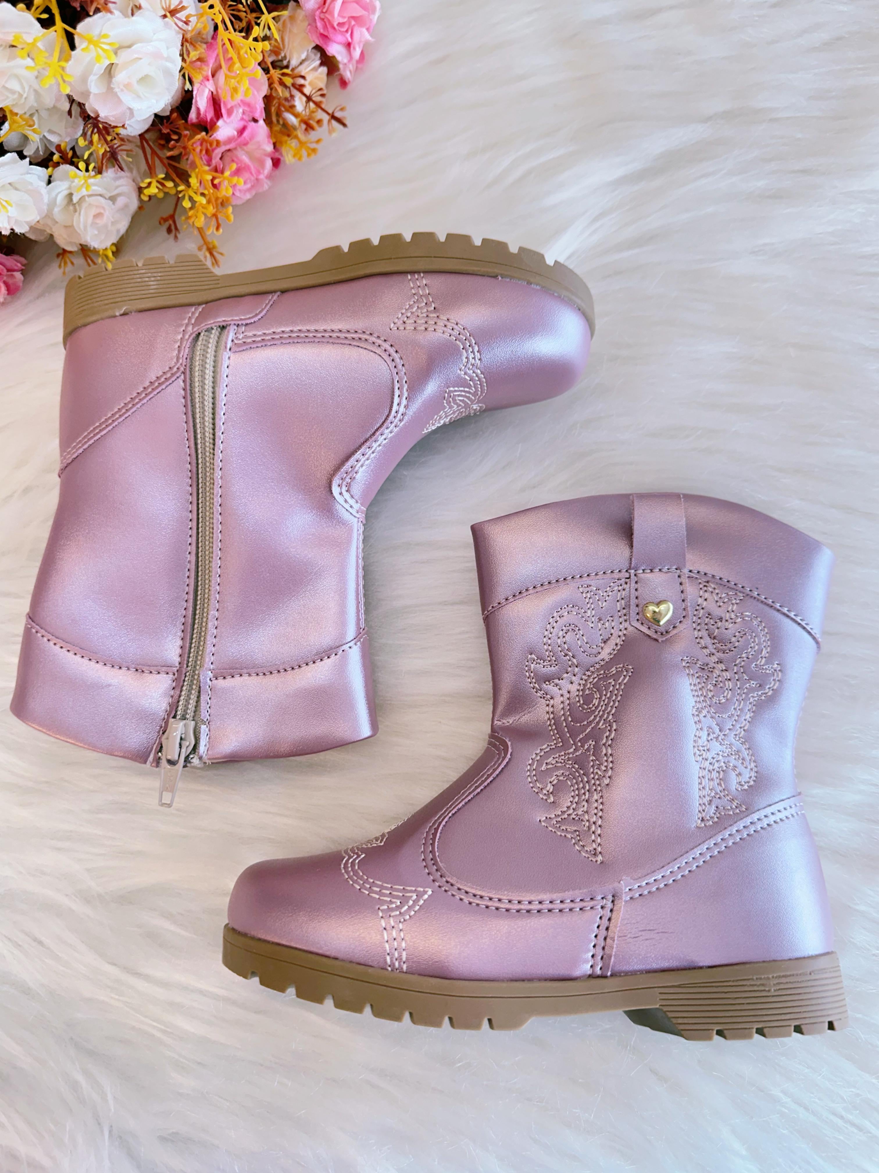 Bota infantil Boiadeira Texana Rose Metalizado Com Zíper Luxo