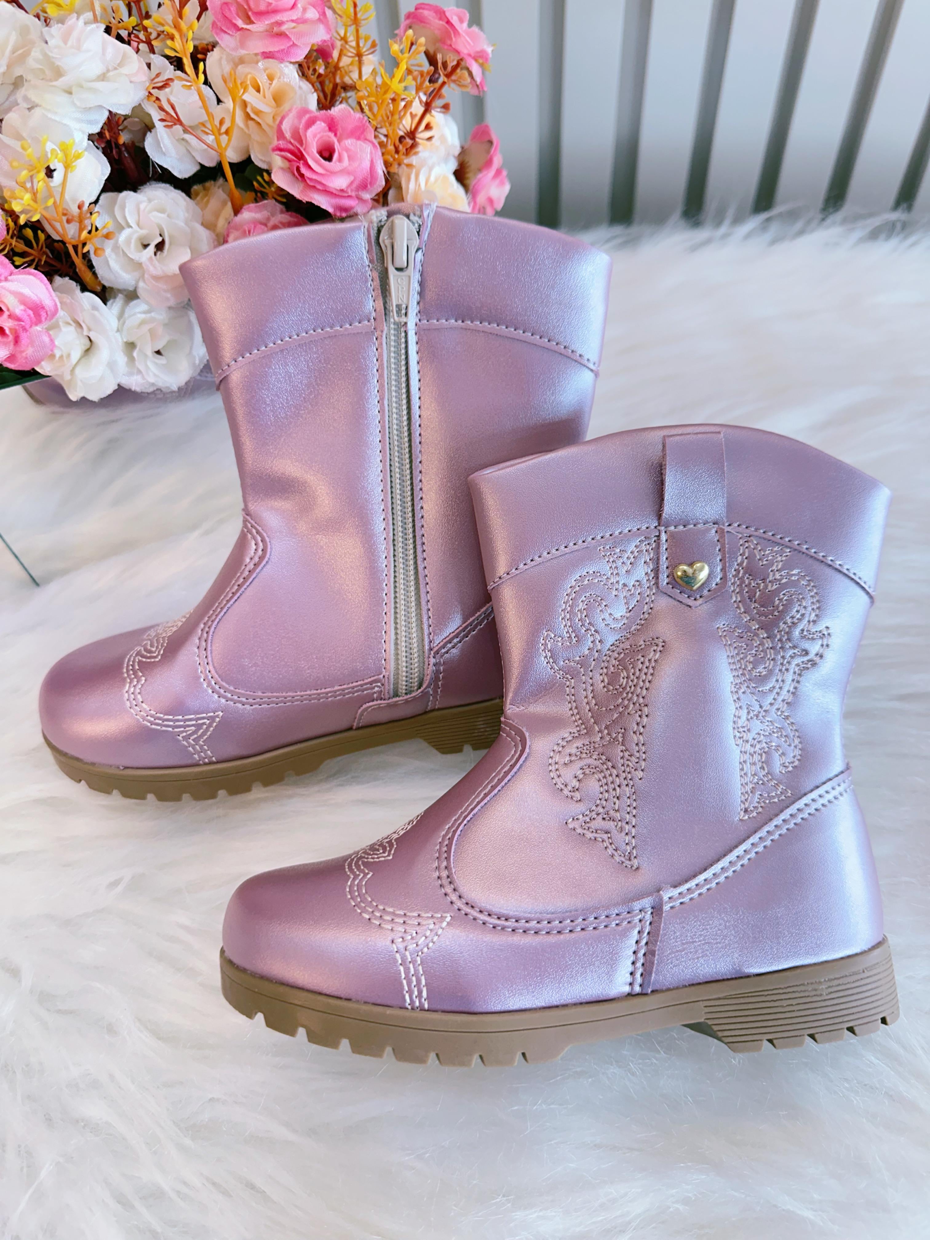 Bota infantil Boiadeira Texana Rose Metalizado Com Zíper Luxo