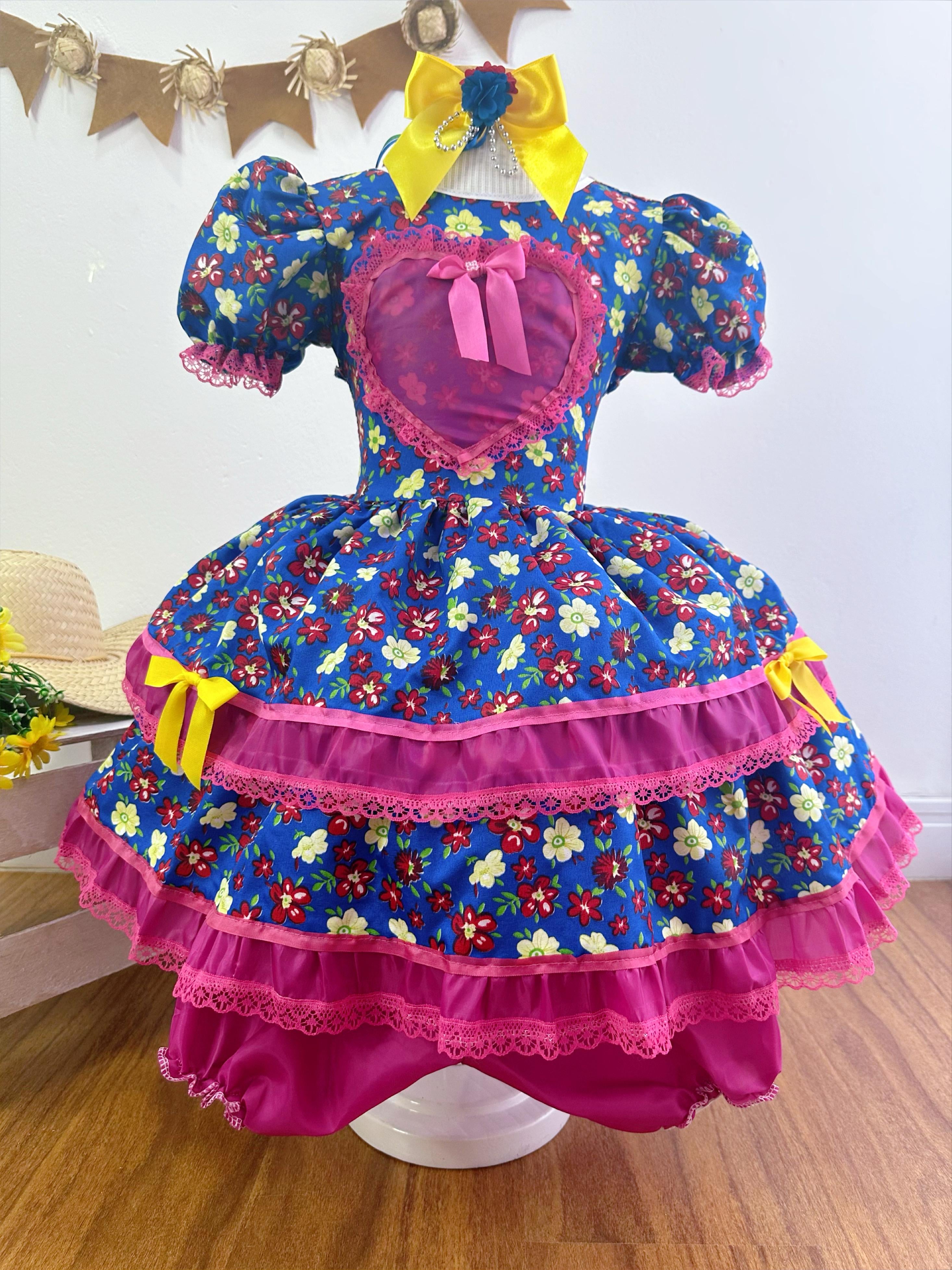 Fantasia Infantil Junino Azul Coração Colorido Florzinhas