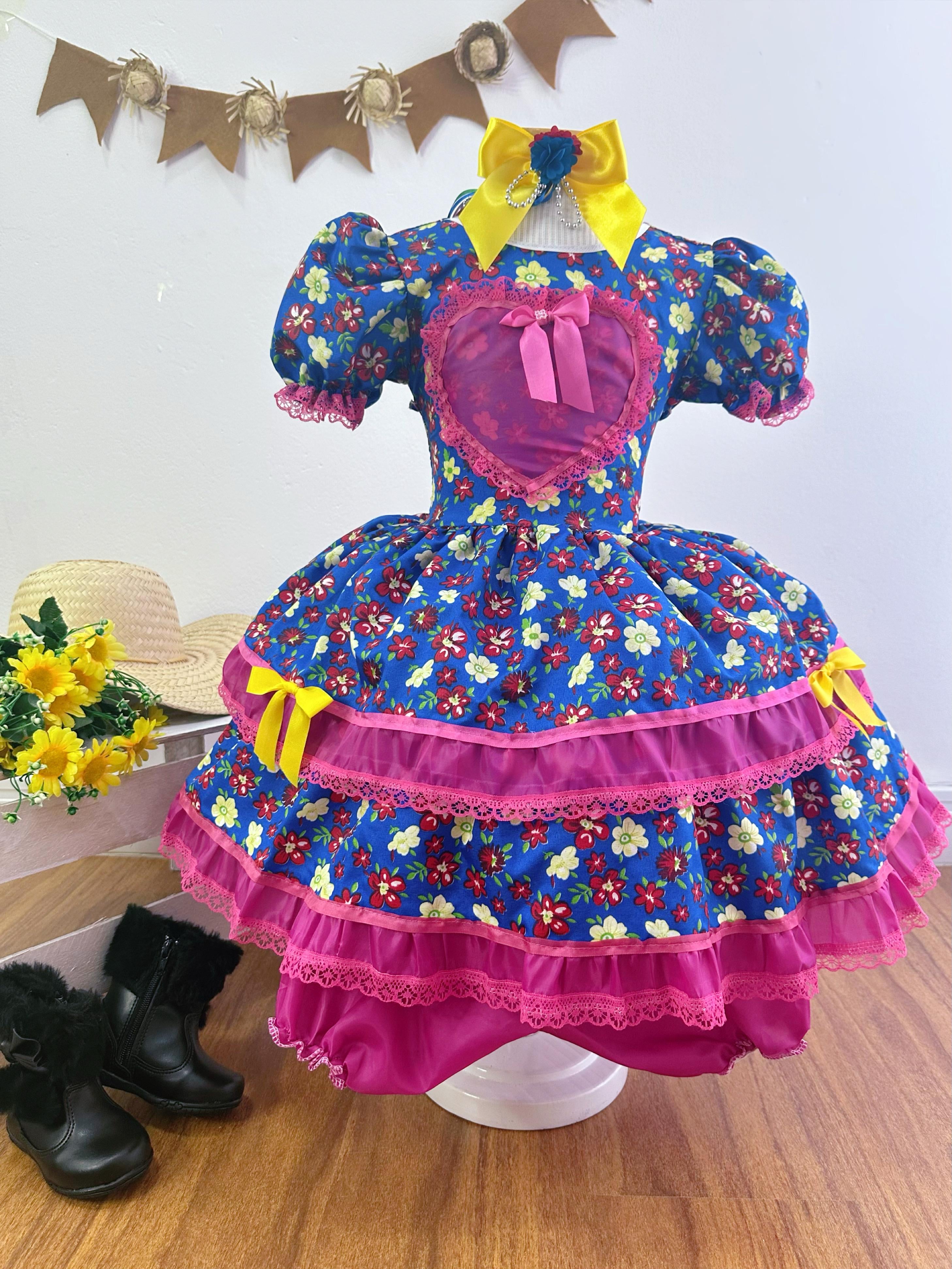 Fantasia Infantil Junino Azul Coração Colorido Florzinhas