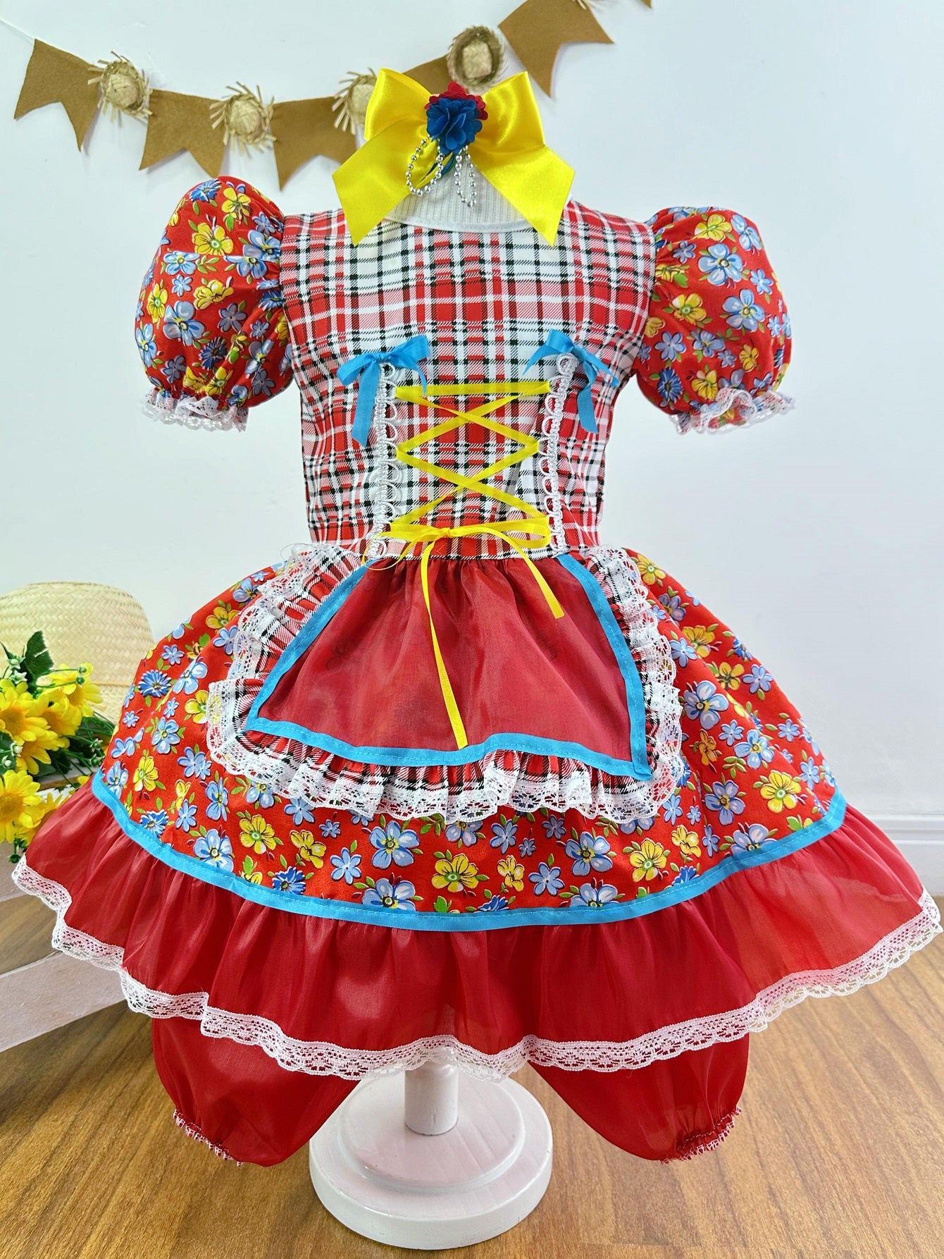 Fantasia Infantil Junino Festas Vermelho Colorido Florzinhas
