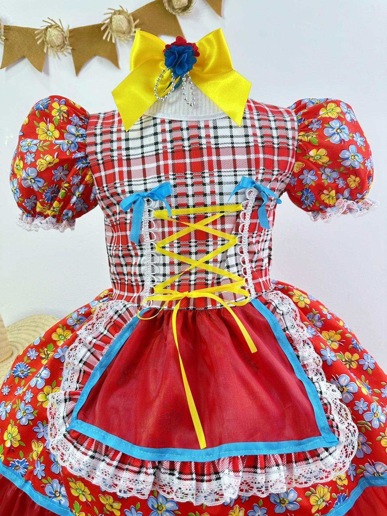 Fantasia Infantil Junino Festas Vermelho Colorido Florzinhas