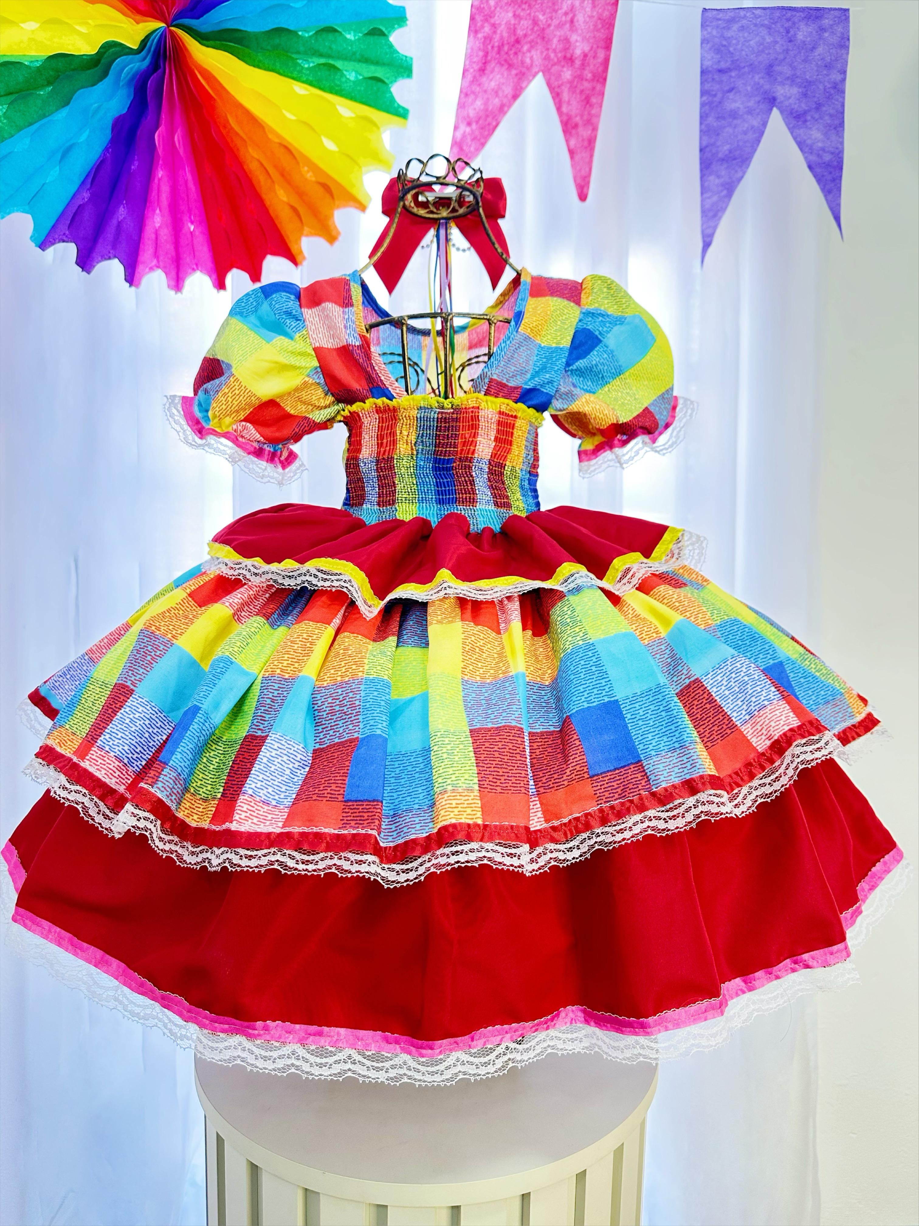 Fantasia Infantil Junino Arraiá Festas Xadrez Colorido