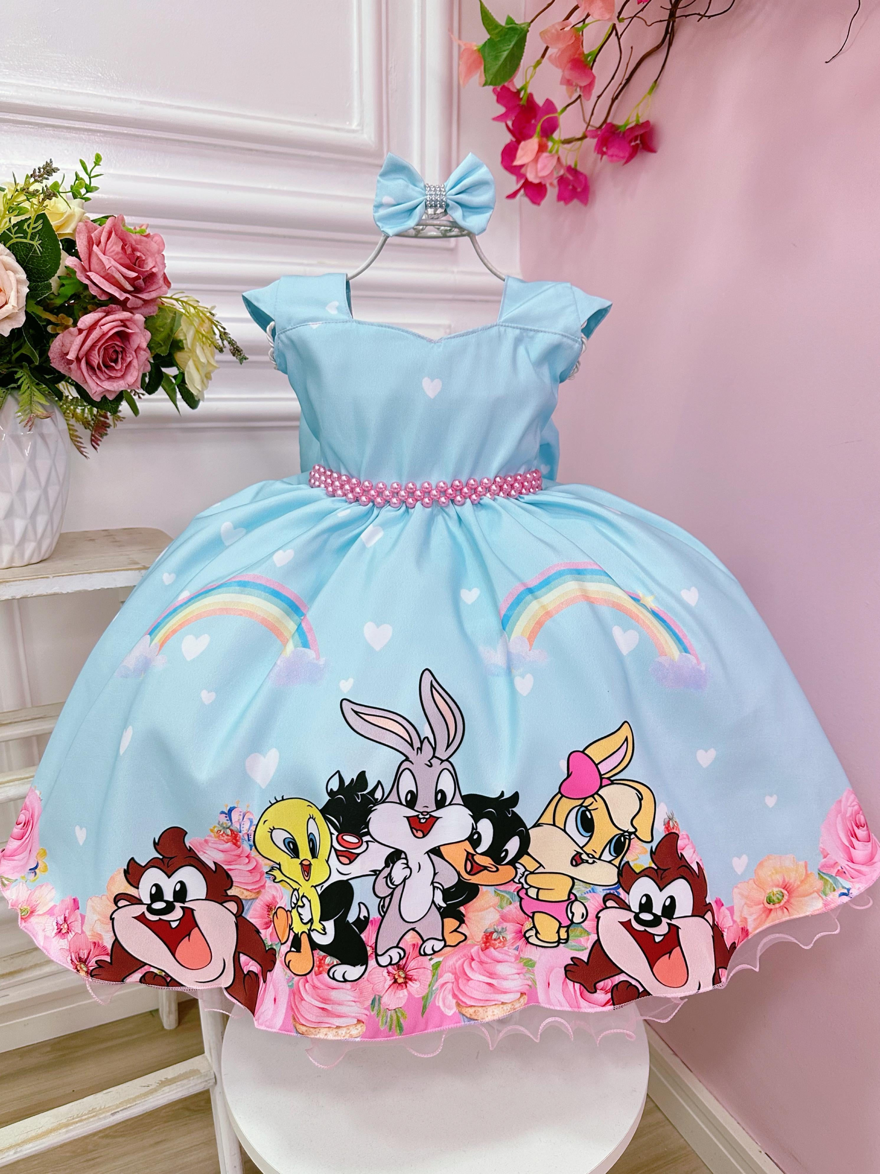 Vestido Infantil Baby Looney Tunes Azul Claro C/ Laço Festas