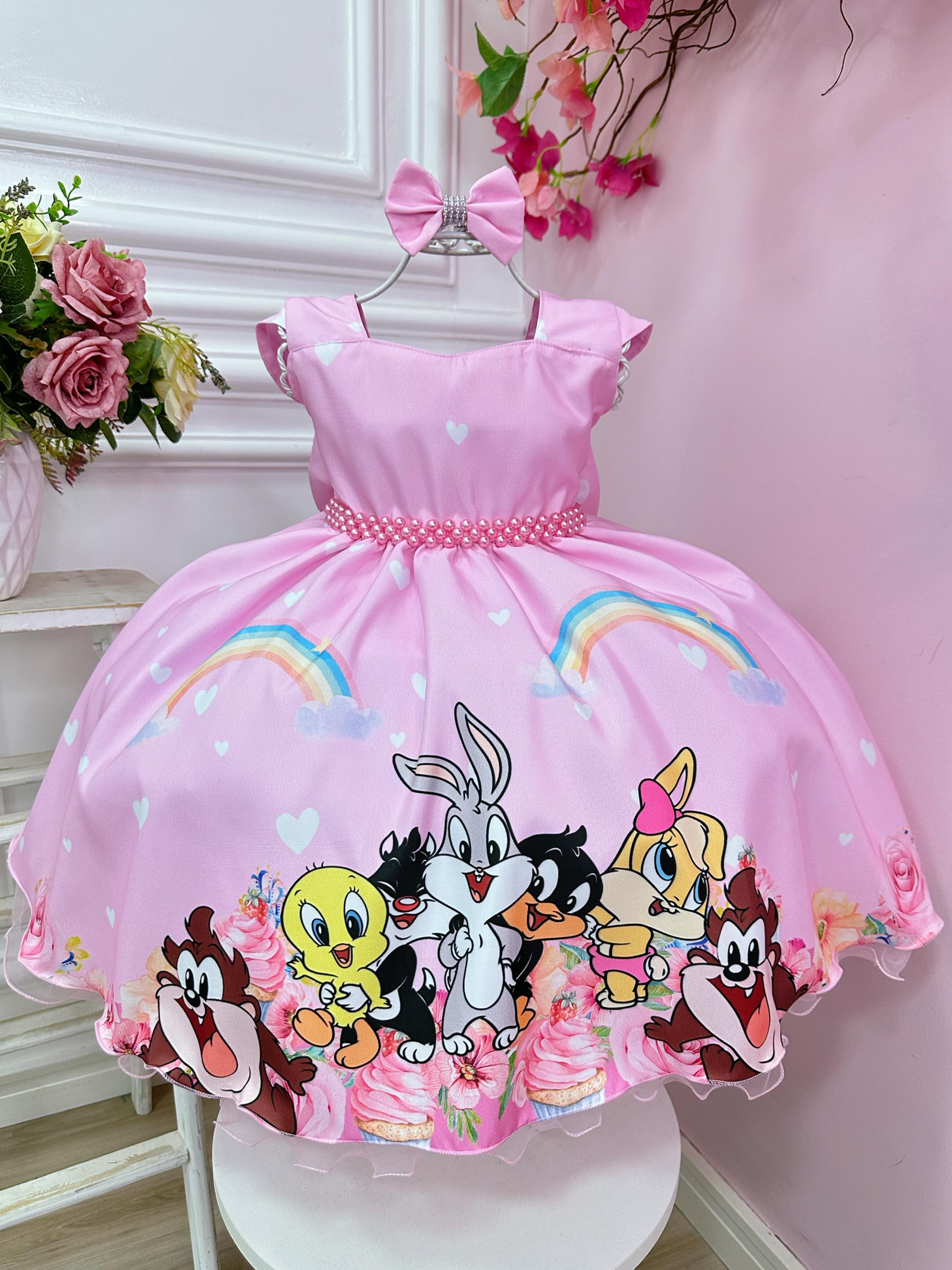 Vestido Infantil Baby Looney Tunes Rosa C/ Laço Festas