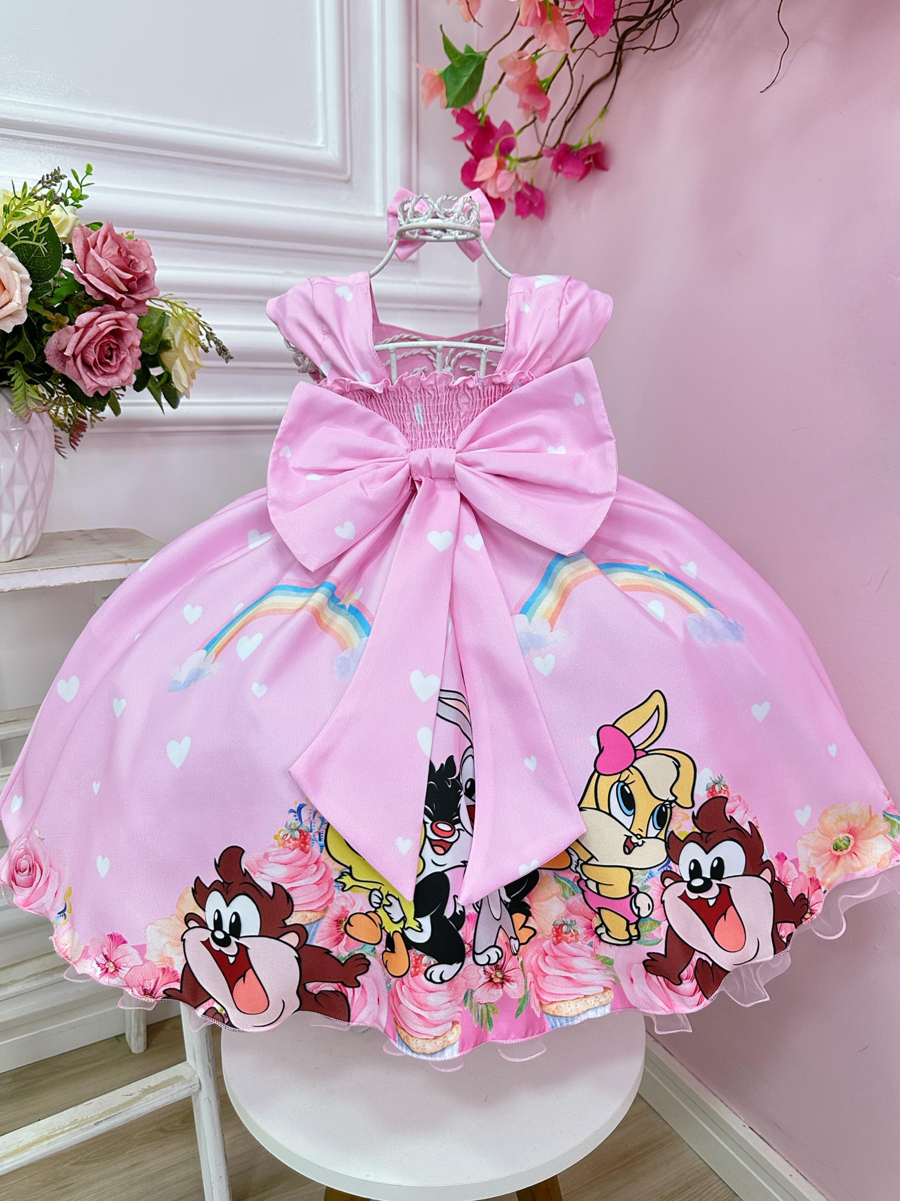 Vestido Infantil Baby Looney Tunes Rosa C/ Laço Festas